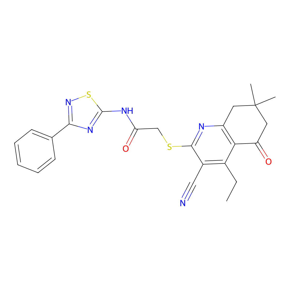 2-[(3-cyano-4-ethyl-7,7-dimethyl-5-oxo-6,8-dihydroquinolin-2-yl)sulfanyl]-N-(3-phenyl-1,2,4-thiadiazol-5-yl)acetamide molecular structure, CAS 667913-26-0