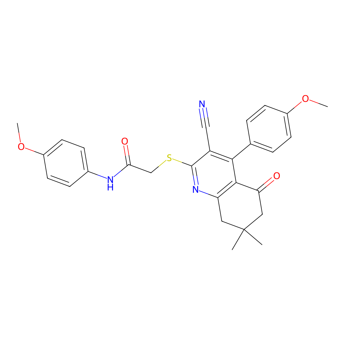 2-[[3-cyano-4-(4-methoxyphenyl)-7,7-dimethyl-5-oxo-6,8-dihydroquinolin-2-yl]sulfanyl]-N-(4-methoxyphenyl)acetamide molecular structure, CAS 667913-27-1