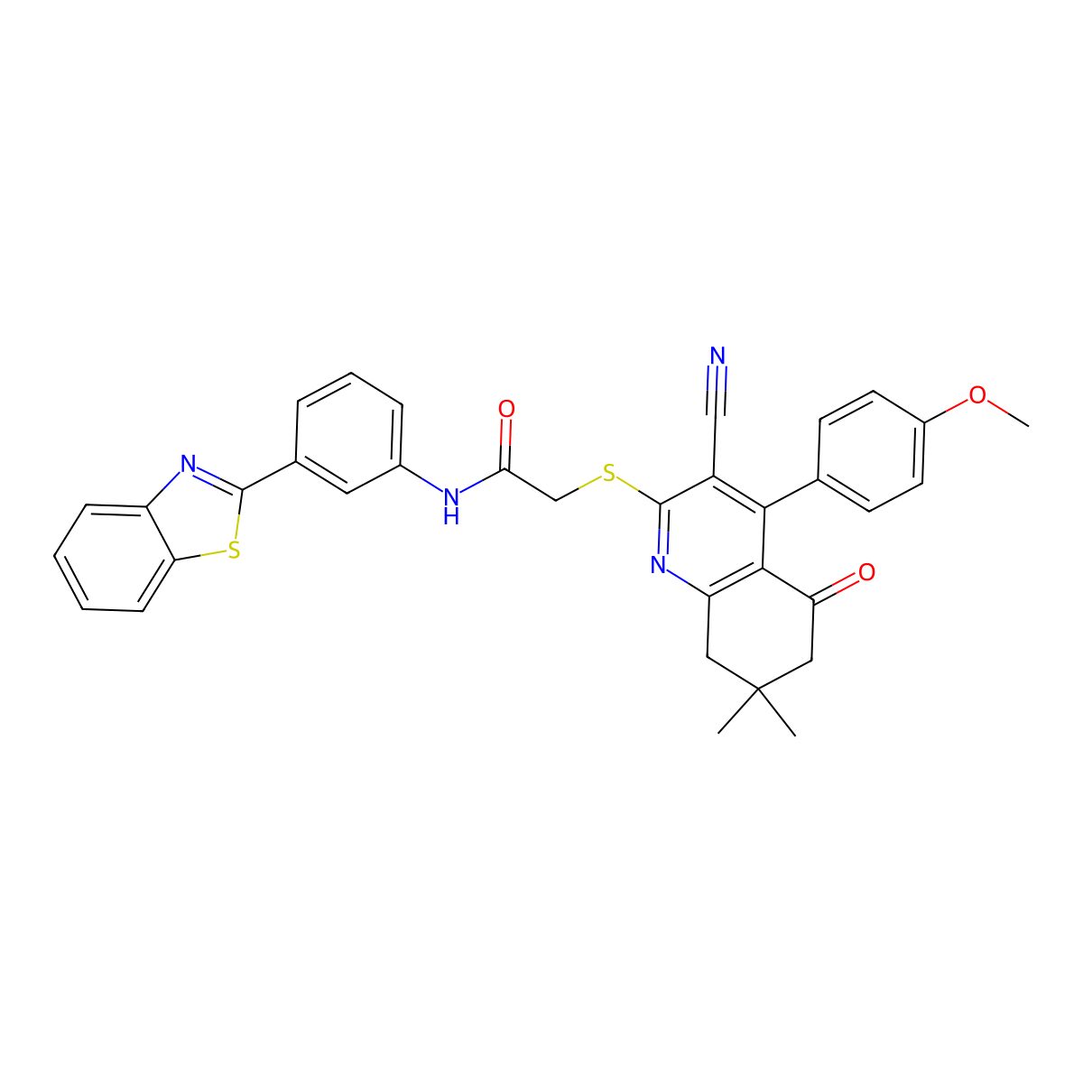 N-(3-(benzo[d]thiazol-2-yl)phenyl)-2-((3-cyano-4-(4-methoxyphenyl)-7,7-dimethyl-5-oxo-5,6,7,8-tetrahydroquinolin-2-yl)thio)acetamide molecular structure, CAS 667913-28-2