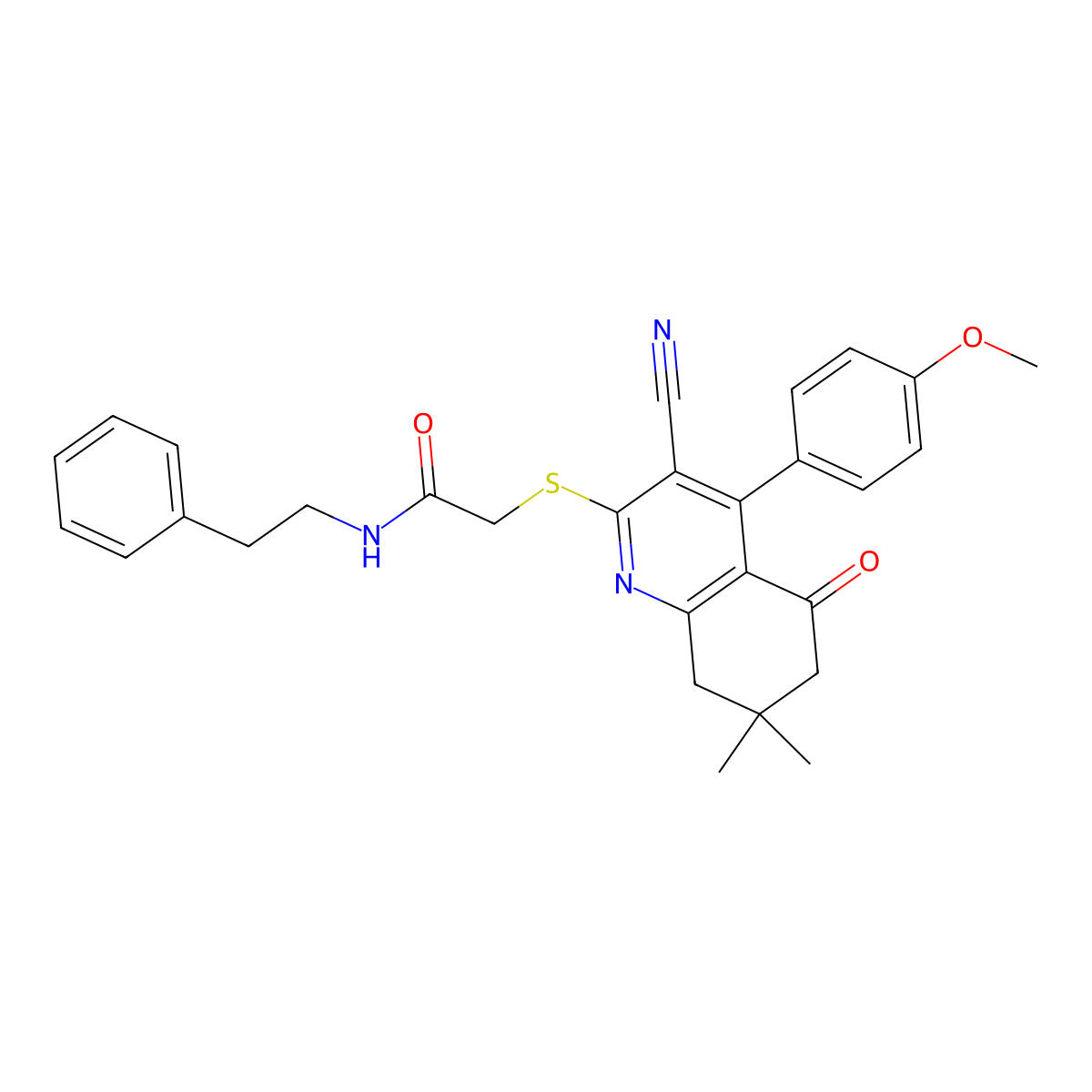 2-((3-cyano-4-(4-methoxyphenyl)-7,7-dimethyl-5-oxo-5,6,7,8-tetrahydroquinolin-2-yl)thio)-N-phenethylacetamide molecular structure, CAS 667913-29-3