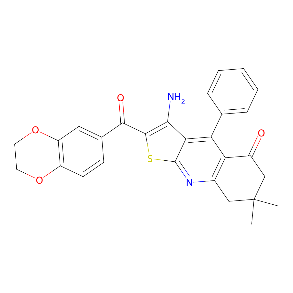 3-Amino-2-(2,3-dihydro-1,4-benzodioxine-6-carbonyl)-7,7-dimethyl-4-phenyl-6,8-dihydrothieno[2,3-b]quinolin-5-one molecular structure, CAS 667913-54-4