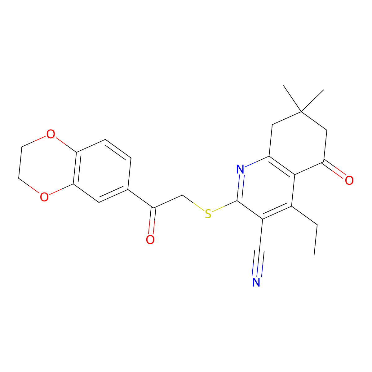 2-[2-(2,3-Dihydro-1,4-benzodioxin-6-yl)-2-oxoethyl]sulfanyl-4-ethyl-7,7-dimethyl-5-oxo-6,8-dihydroquinoline-3-carbonitrile molecular structure, CAS 667913-57-7