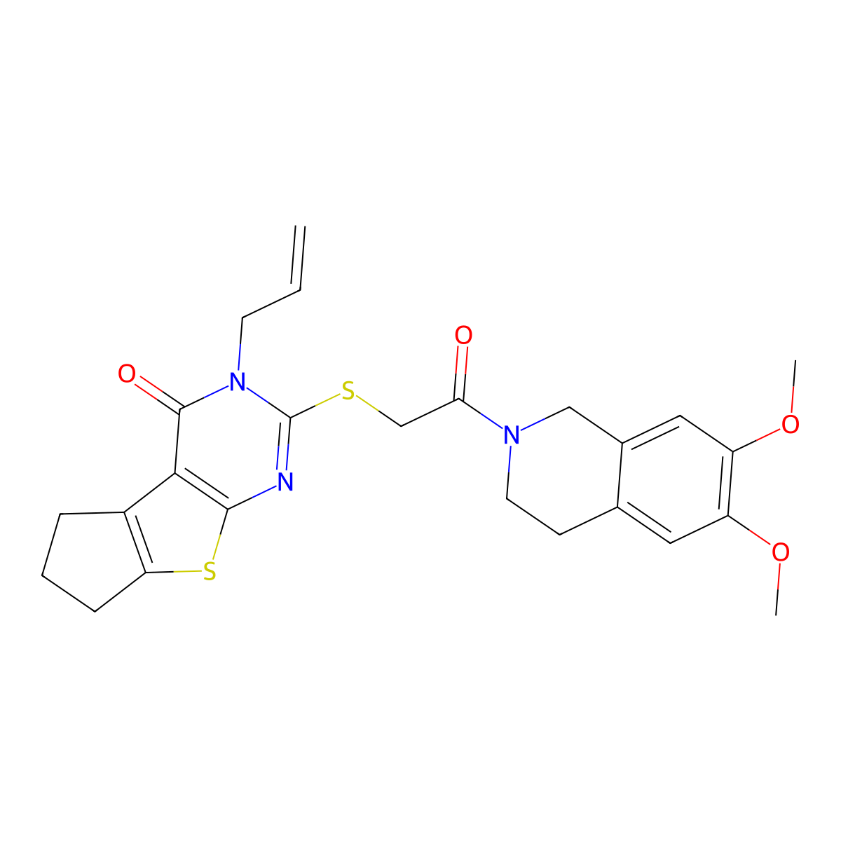 3-allyl-2-((2-(6,7-dimethoxy-3,4-dihydroisoquinolin-2(1H)-yl)-2-oxoethyl)thio)-6,7-dihydro-3H-cyclopenta[4,5]thieno[2,3-d]pyrimidin-4(5H)-one molecular structure, CAS 667913-58-8