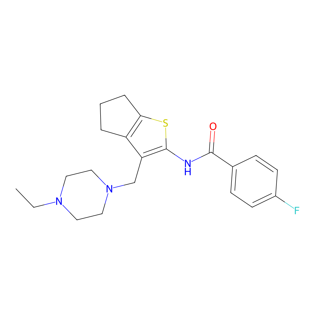 N-(3-((4-ethylpiperazin-1-yl)methyl)-5,6-dihydro-4H-cyclopenta[b]thiophen-2-yl)-4-fluorobenzamide molecular structure, CAS 667913-59-9