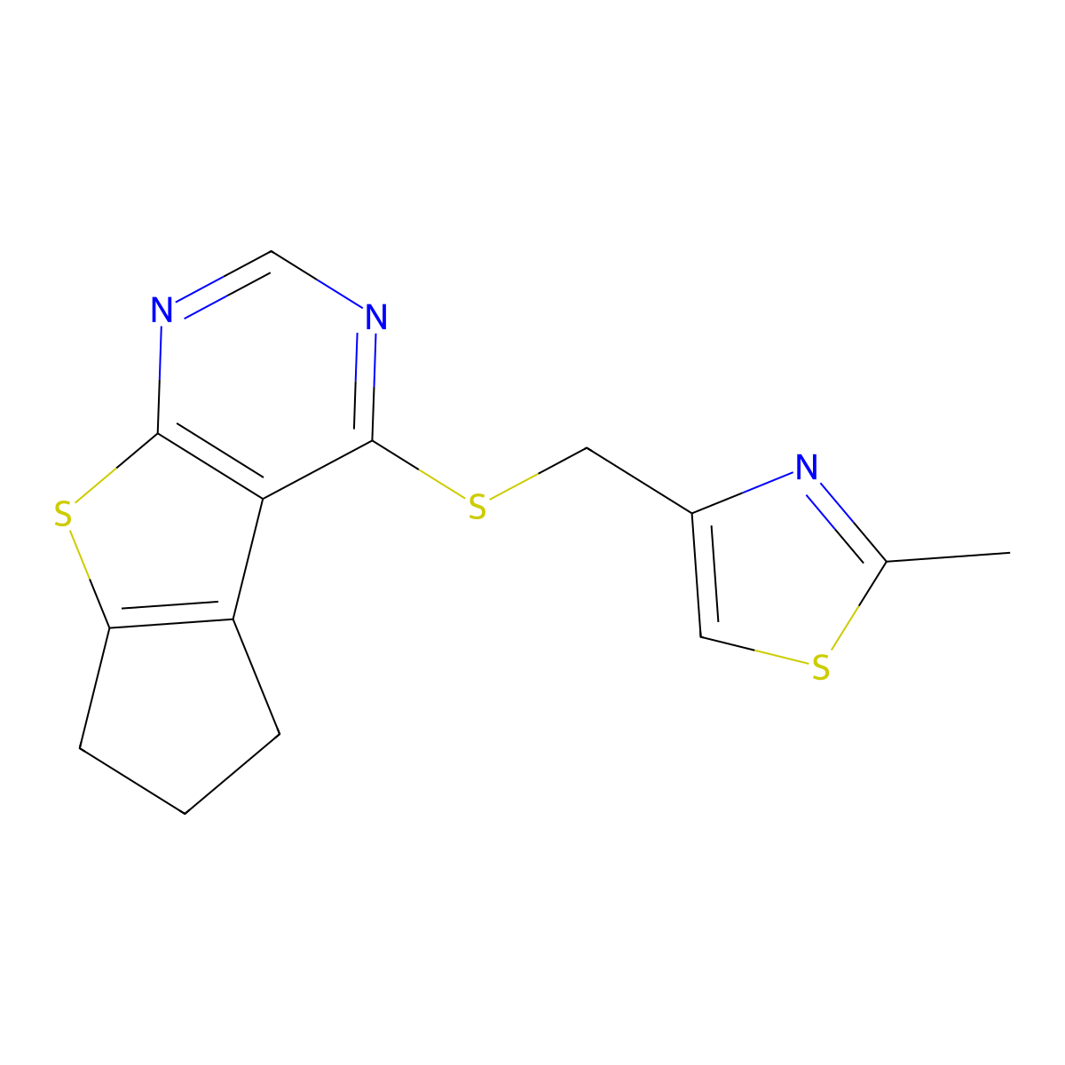 4-(((2-methylthiazol-4-yl)methyl)thio)-6,7-dihydro-5H-cyclopenta[4,5]thieno[2,3-d]pyrimidine molecular structure, CAS 667913-64-6