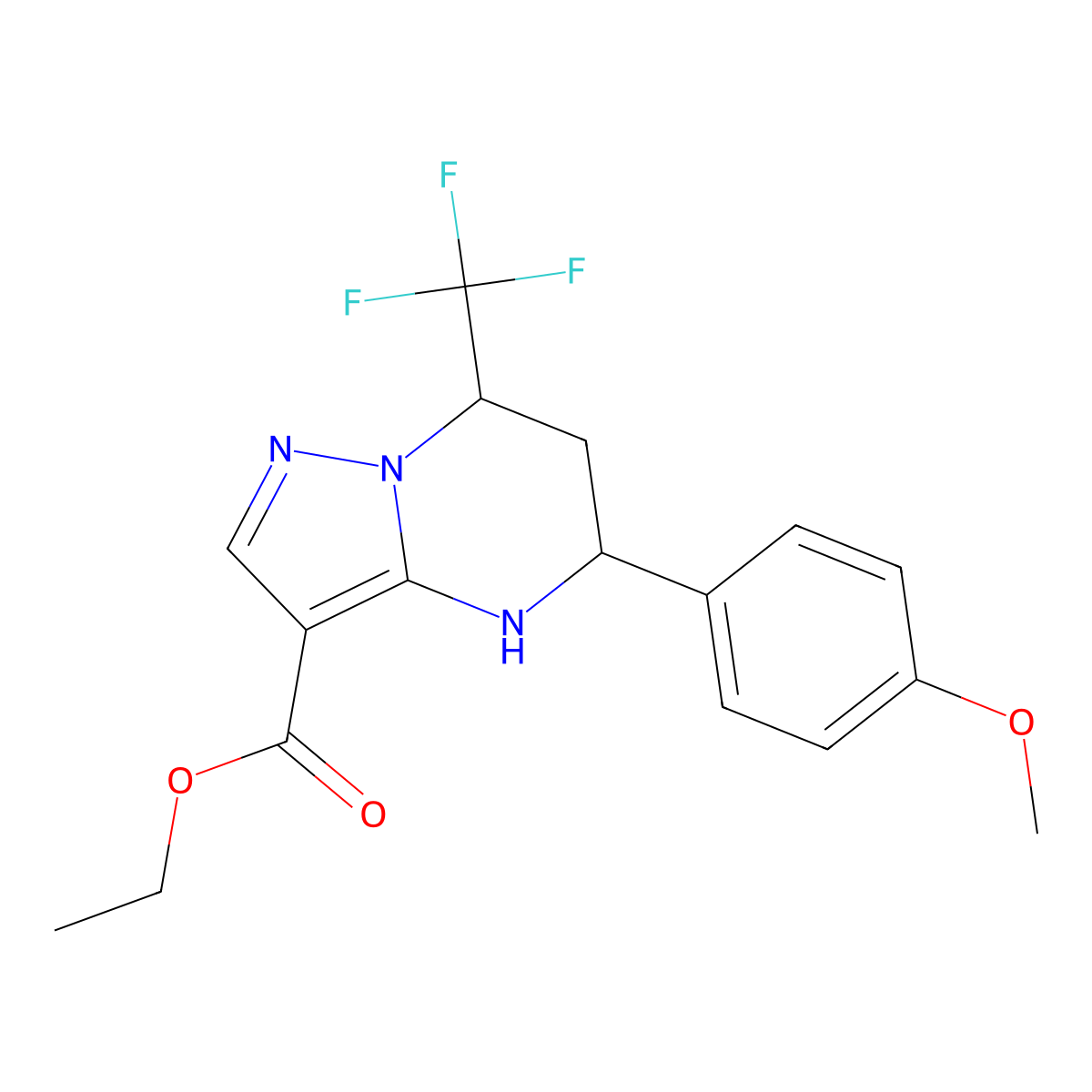 Ethyl 5-(4-methoxyphenyl)-7-(trifluoromethyl)-4,5,6,7-tetrahydropyrazolo[1,5-a]pyrimidine-3-carboxylate molecular structure, CAS 667920-67-4