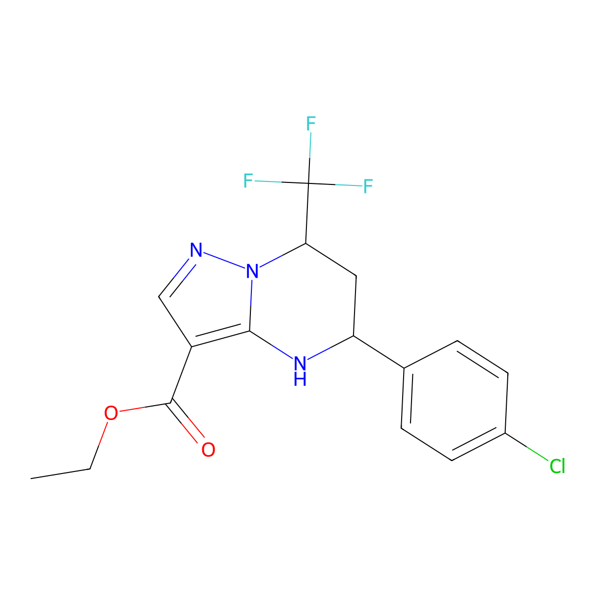 Ethyl 5-(4-chlorophenyl)-7-(trifluoromethyl)-4,5,6,7-tetrahydropyrazolo[1,5-a]pyrimidine-3-carboxylate molecular structure, CAS 667920-68-5