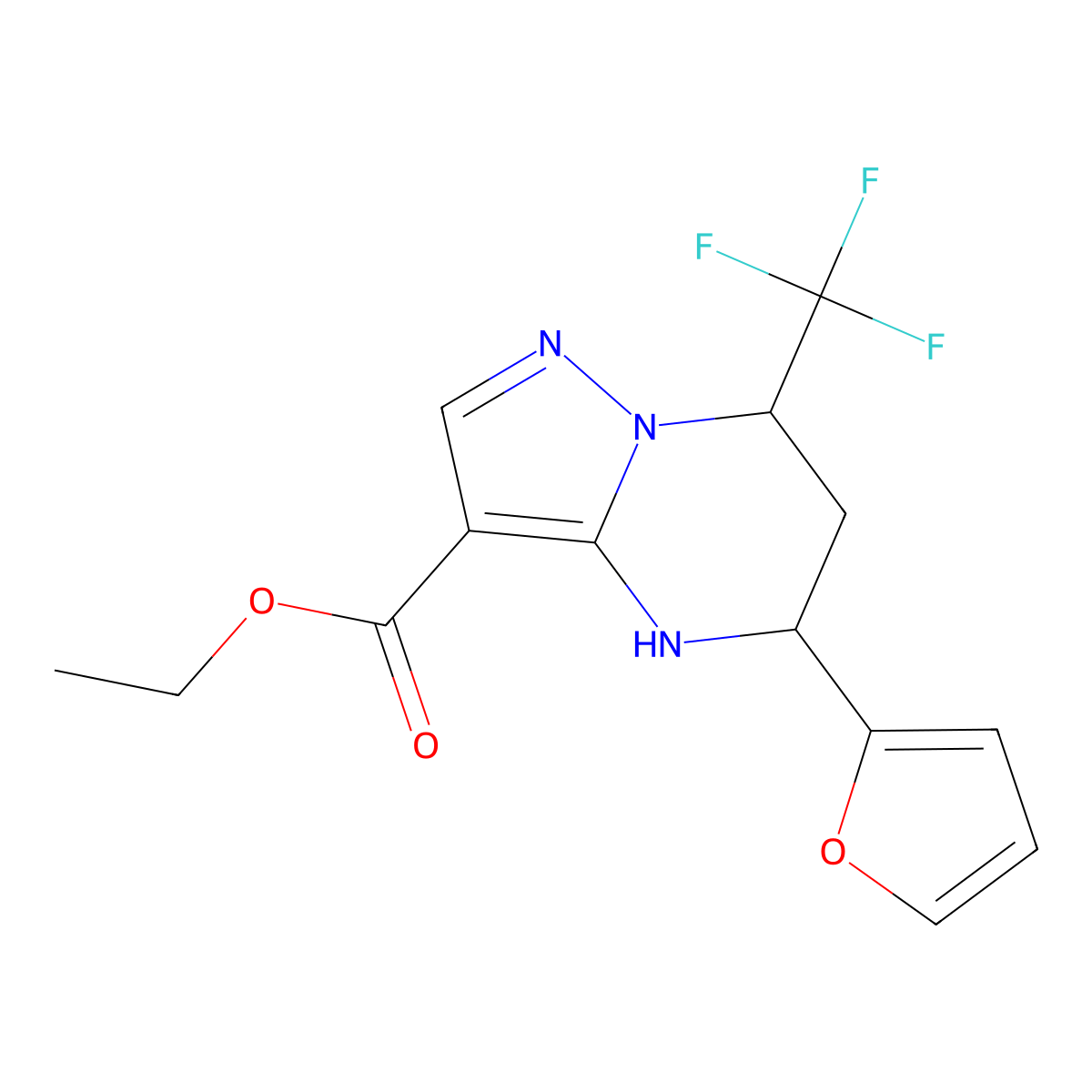Ethyl 5-(2-furyl)-7-(trifluoromethyl)-4,5,6,7-tetrahydropyrazolo[1,5-a]pyrimidine-3-carboxylate molecular structure, CAS 667920-77-6