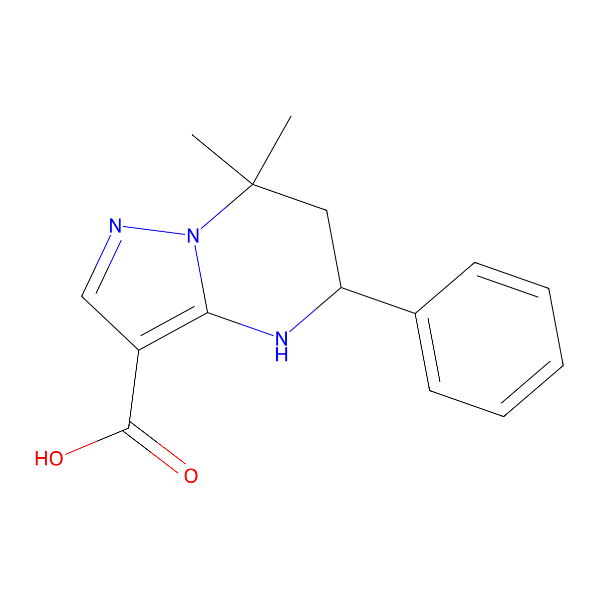 (-)-7,7-Dimethyl-5-phenyl-4,5,6,7-tetrahydropyrazolo[1,5-a)pyrimidine-3-carboxylic acid molecular structure, CAS 667921-18-8