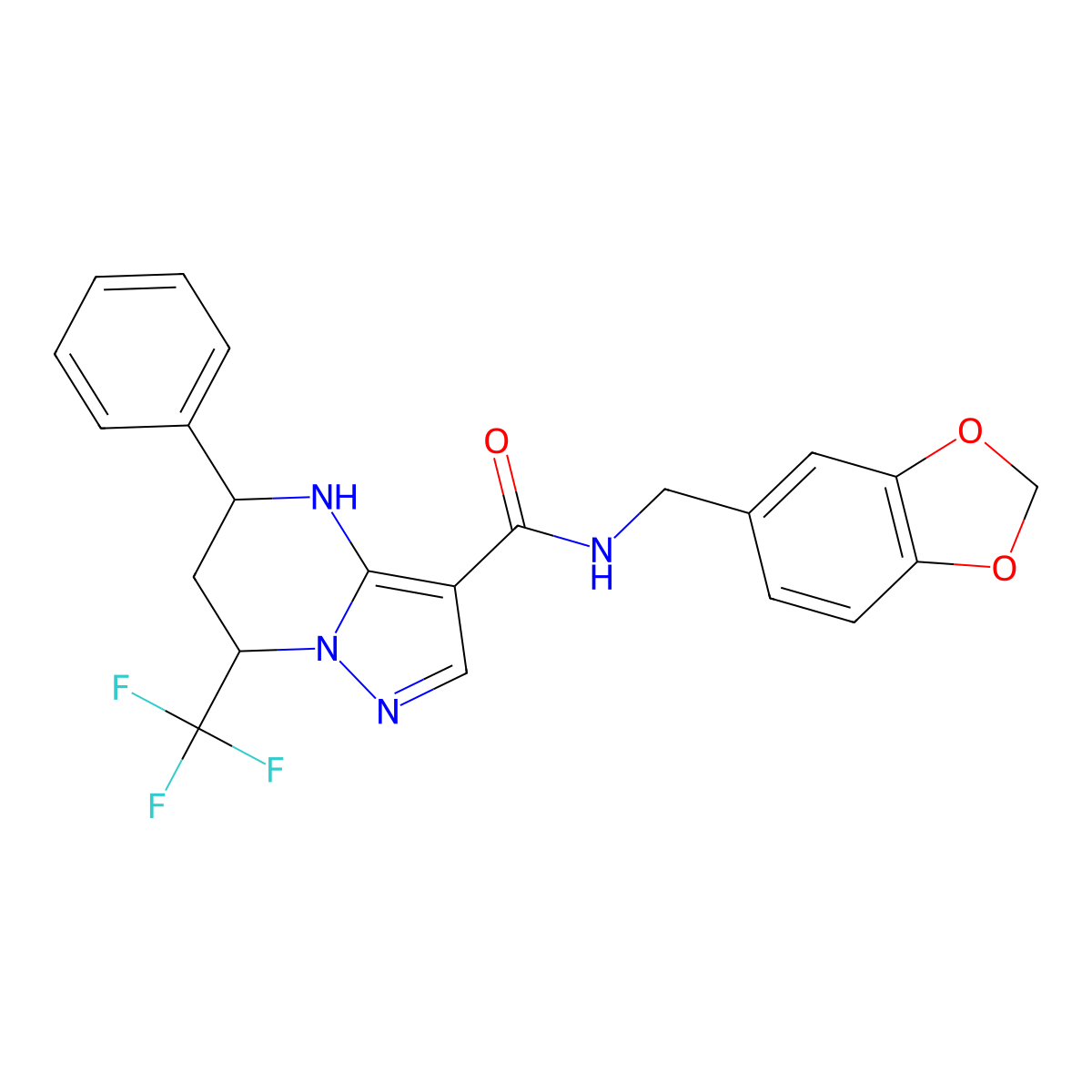 N-(1,3-benzodioxol-5-ylmethyl)-5-phenyl-7-(trifluoromethyl)-4,5,6,7-tetrahydropyrazolo[1,5-a]pyrimidine-3-carboxamide molecular structure, CAS 667921-80-4