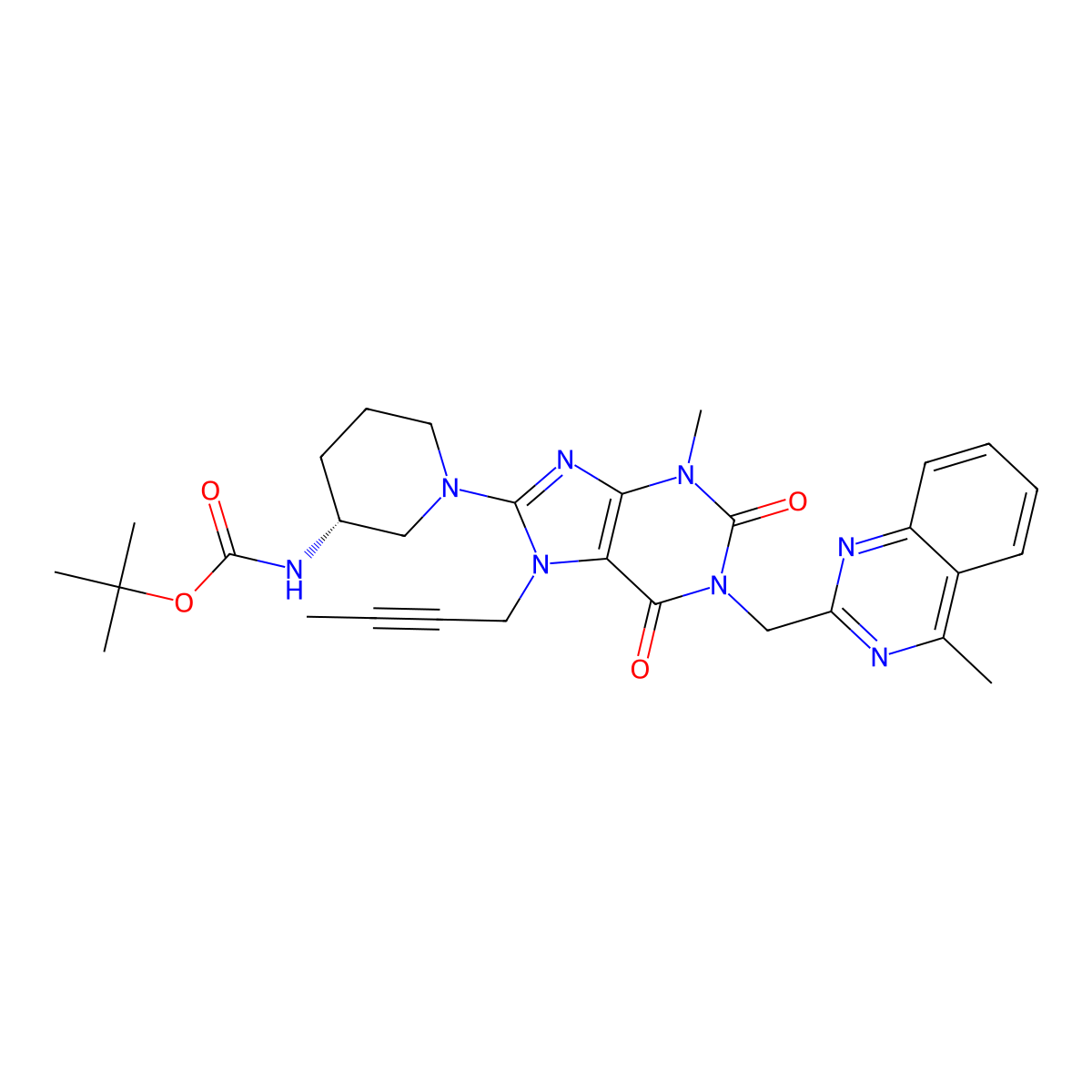 1,1-Dimethylethyl N-((3R)-1-(7-(2-butyn-1-yl)-2,3,6,7-tetrahydro-3-methyl-1-((4-methyl-2-quinazolinyl)methyl)-2,6-dioxo-1H-purin-8-yl)-3-piperidinyl)carbamate molecular structure, CAS 668273-75-4