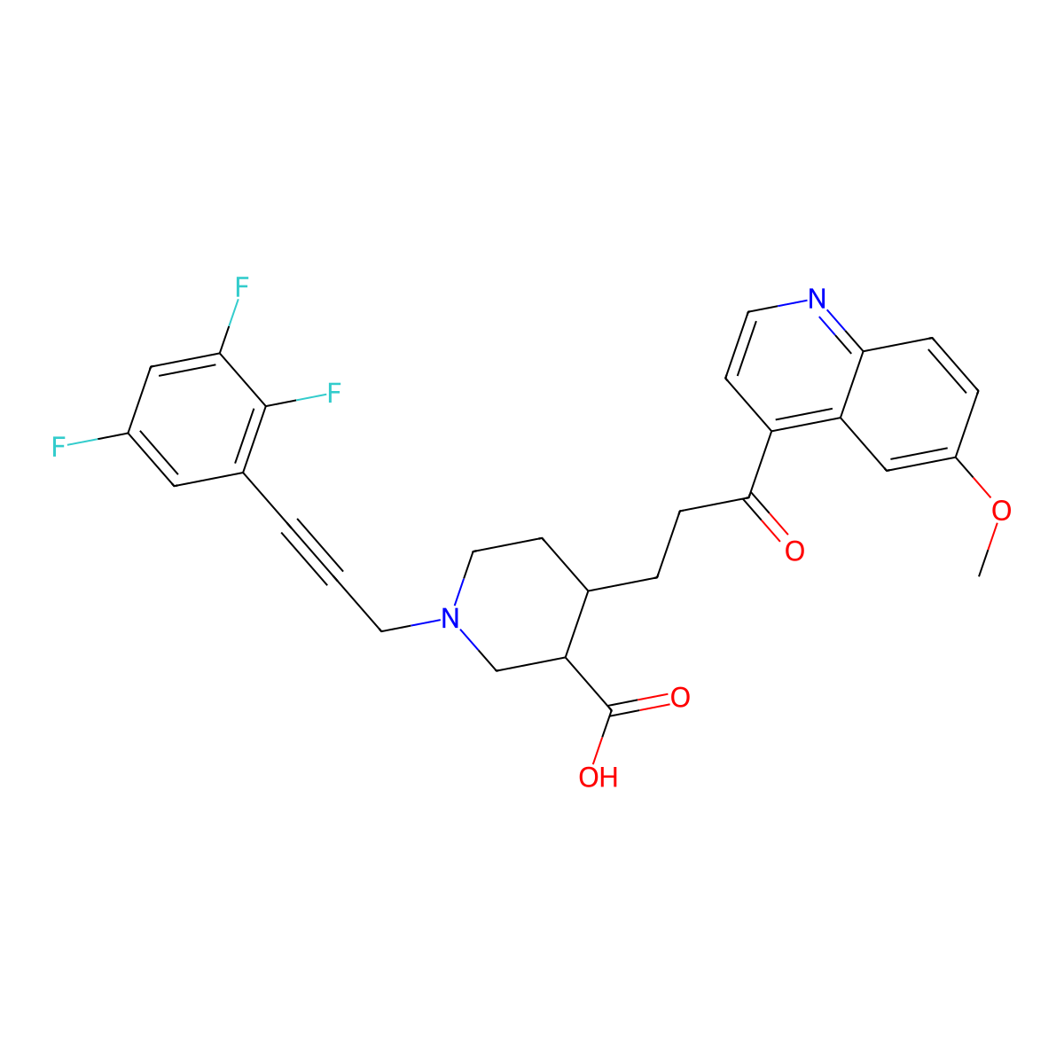 4-[3-(6-Methoxy-4-quinolinyl)-3-oxopropyl]-1-[3-(2,3,5-trifluorophenyl)-2-propyn-1-yl]-3-piperidinecarboxylic acid molecular structure, CAS 668463-41-0