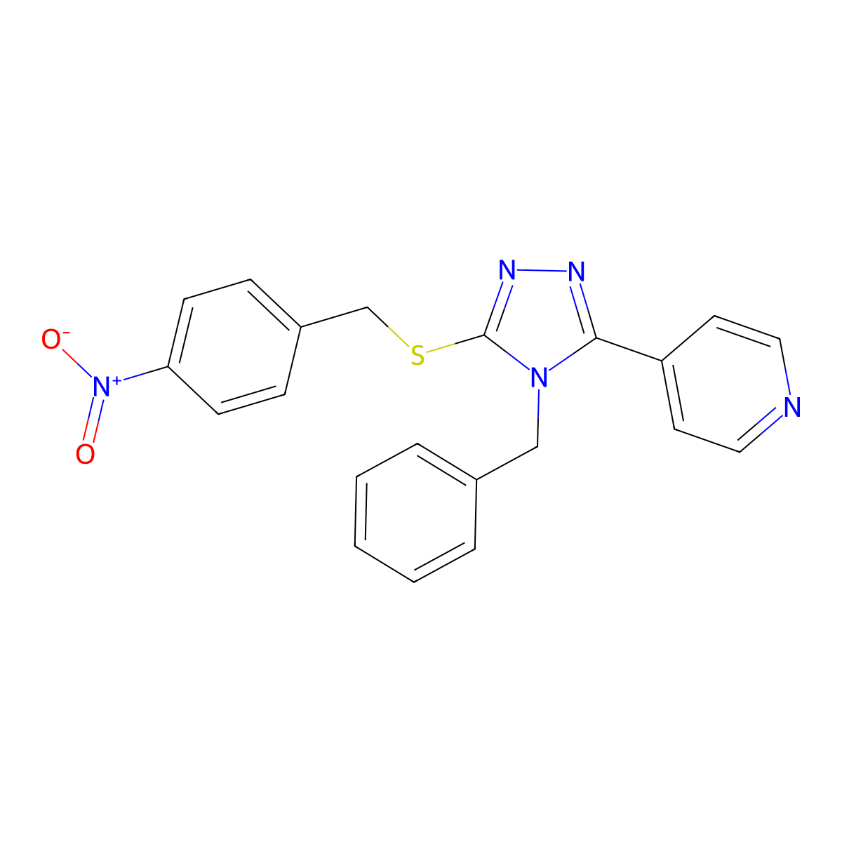 4-[4-Benzyl-5-[(4-nitrophenyl)methylsulfanyl]-1,2,4-triazol-3-yl]pyridine molecular structure, CAS 6686-87-9