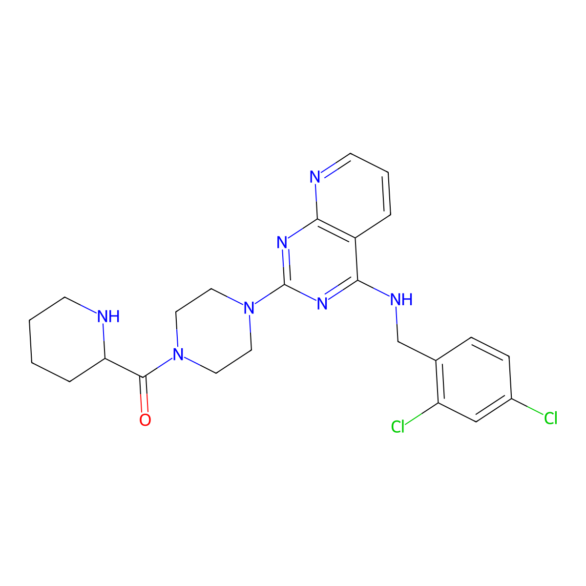 (R)-(4-(4-((2,4-dichlorobenzyl)amino)pyrido(2,3-d)pyrimidin-2-yl)piperazin-1-yl)-piperidin-2-yl-methanone molecular structure, CAS 668980-17-4
