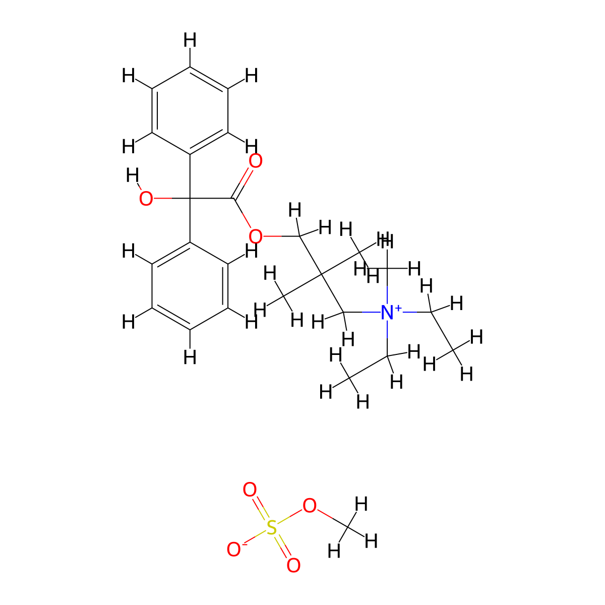 Ammonium, diethyl(2,2-dimethyl-3-hydroxypropyl)methyl-, methyl sulfate, benzilate (ester) molecular structure, CAS 66902-90-7