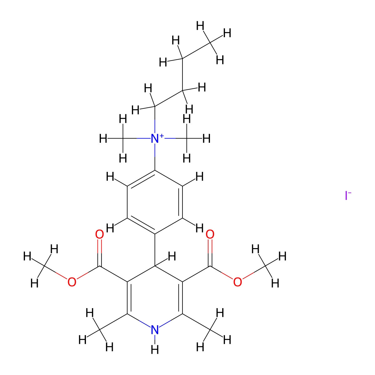 Ammonium, (p-(1,4-dihydro-3,5-dimethoxycarbonyl-2,6-dimethyl-4-pyridyl)phenyl)butyldimethyl-, iodide molecular structure, CAS 66941-31-9