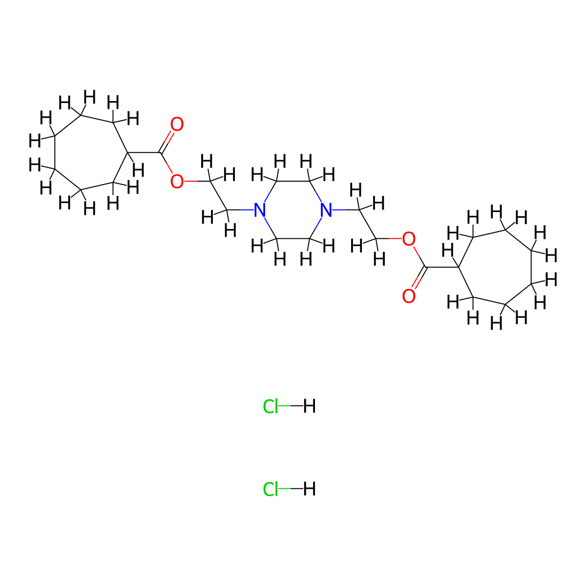 Ethanol, 2,2'-(1,4-piperazinylene)di-, dicycloheptylcarboxylate, dihydrochloride molecular structure, CAS 66944-59-0