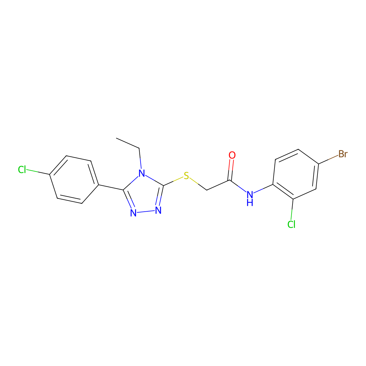 N-(4-bromo-2-chlorophenyl)-2-[[5-(4-chlorophenyl)-4-ethyl-1,2,4-triazol-3-yl]sulfanyl]acetamide molecular structure, CAS 669697-21-6