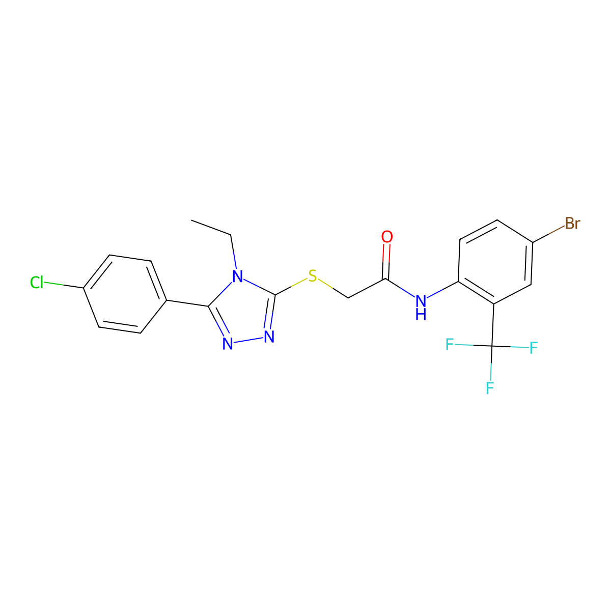 N-[4-bromo-2-(trifluoromethyl)phenyl]-2-[[5-(4-chlorophenyl)-4-ethyl-1,2,4-triazol-3-yl]sulfanyl]acetamide molecular structure, CAS 669697-23-8