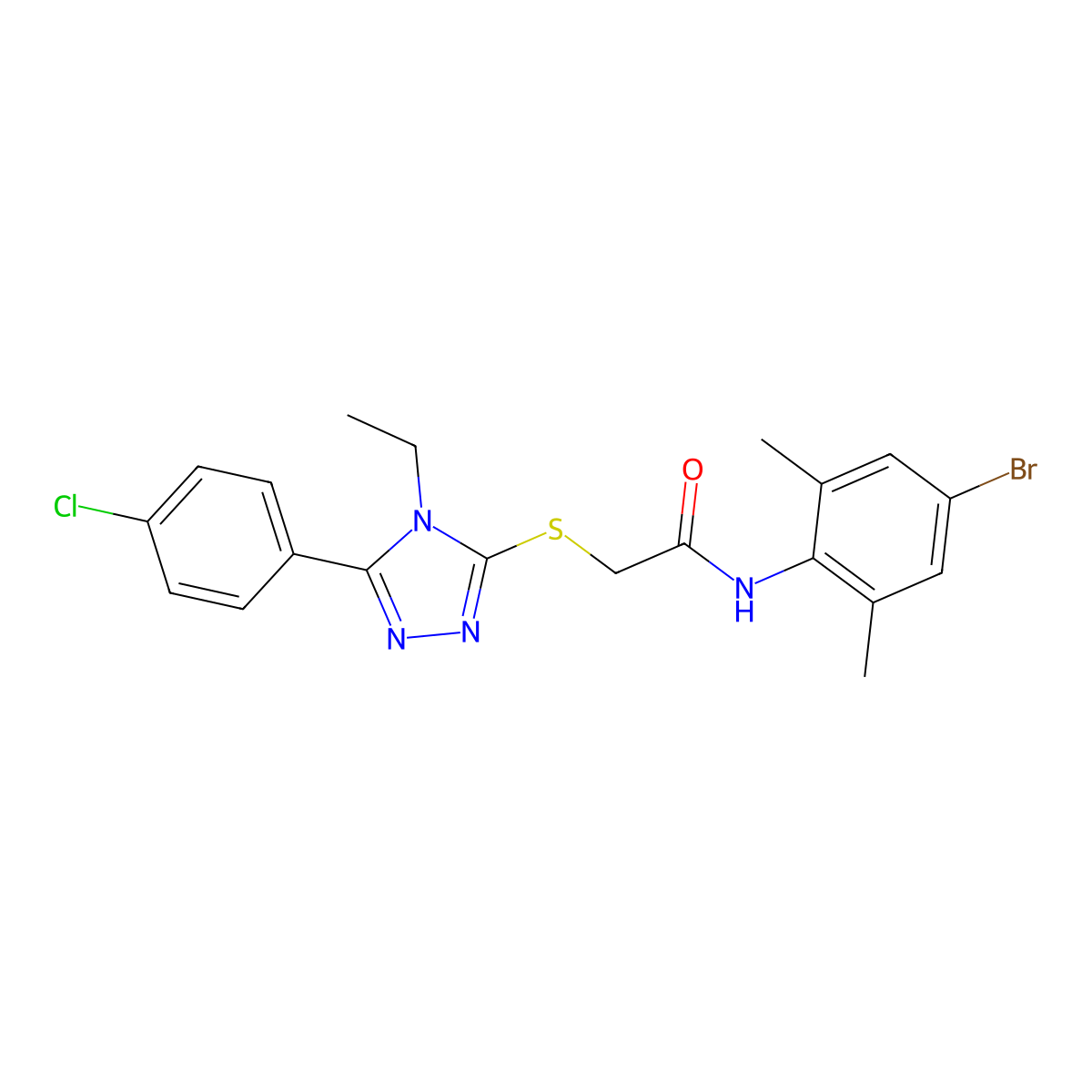 N-(4-bromo-2,6-dimethylphenyl)-2-[[5-(4-chlorophenyl)-4-ethyl-1,2,4-triazol-3-yl]sulfanyl]acetamide molecular structure, CAS 669697-24-9
