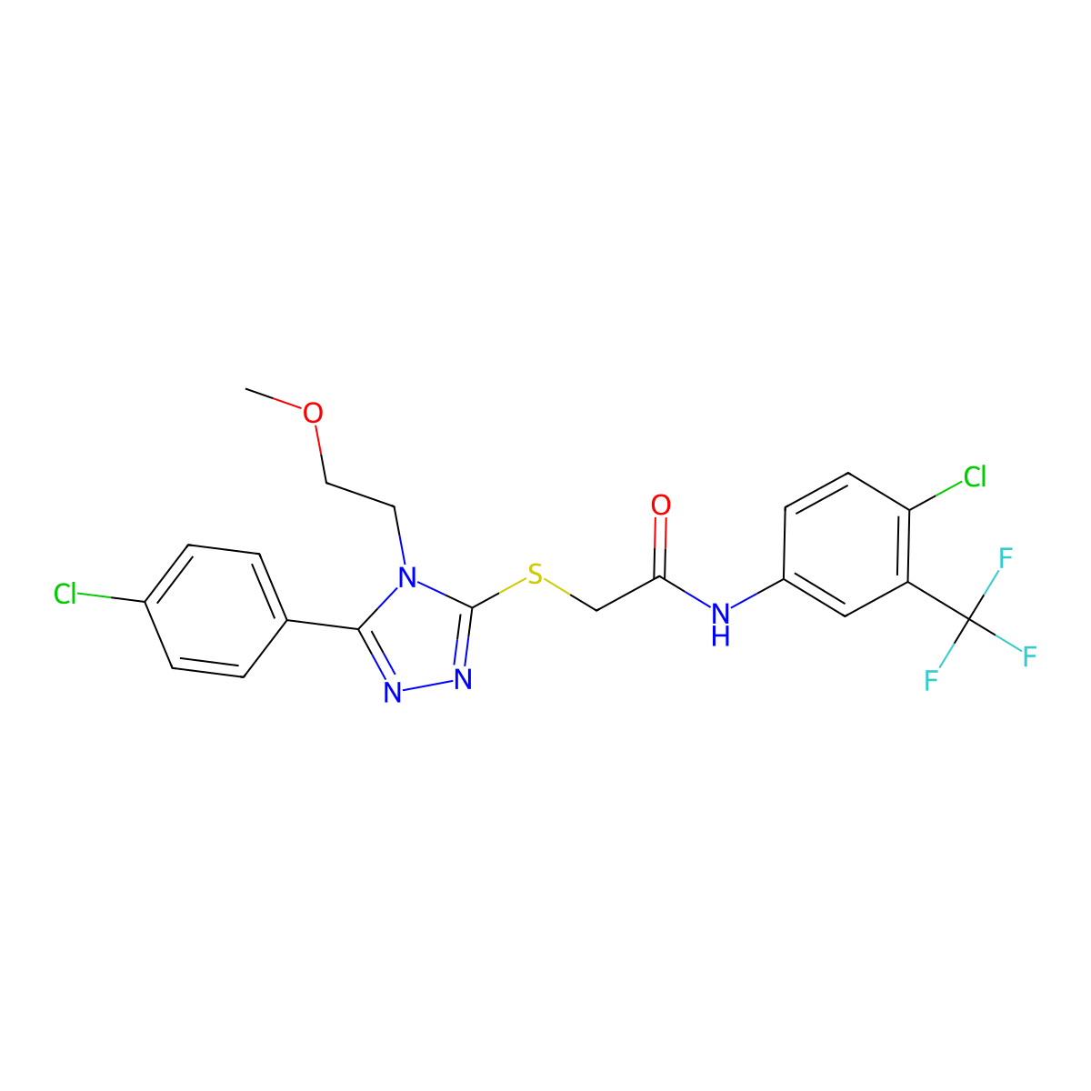 2-[[5-(4-chlorophenyl)-4-(2-methoxyethyl)-1,2,4-triazol-3-yl]sulfanyl]-N-[4-chloro-3-(trifluoromethyl)phenyl]acetamide molecular structure, CAS 669697-25-0