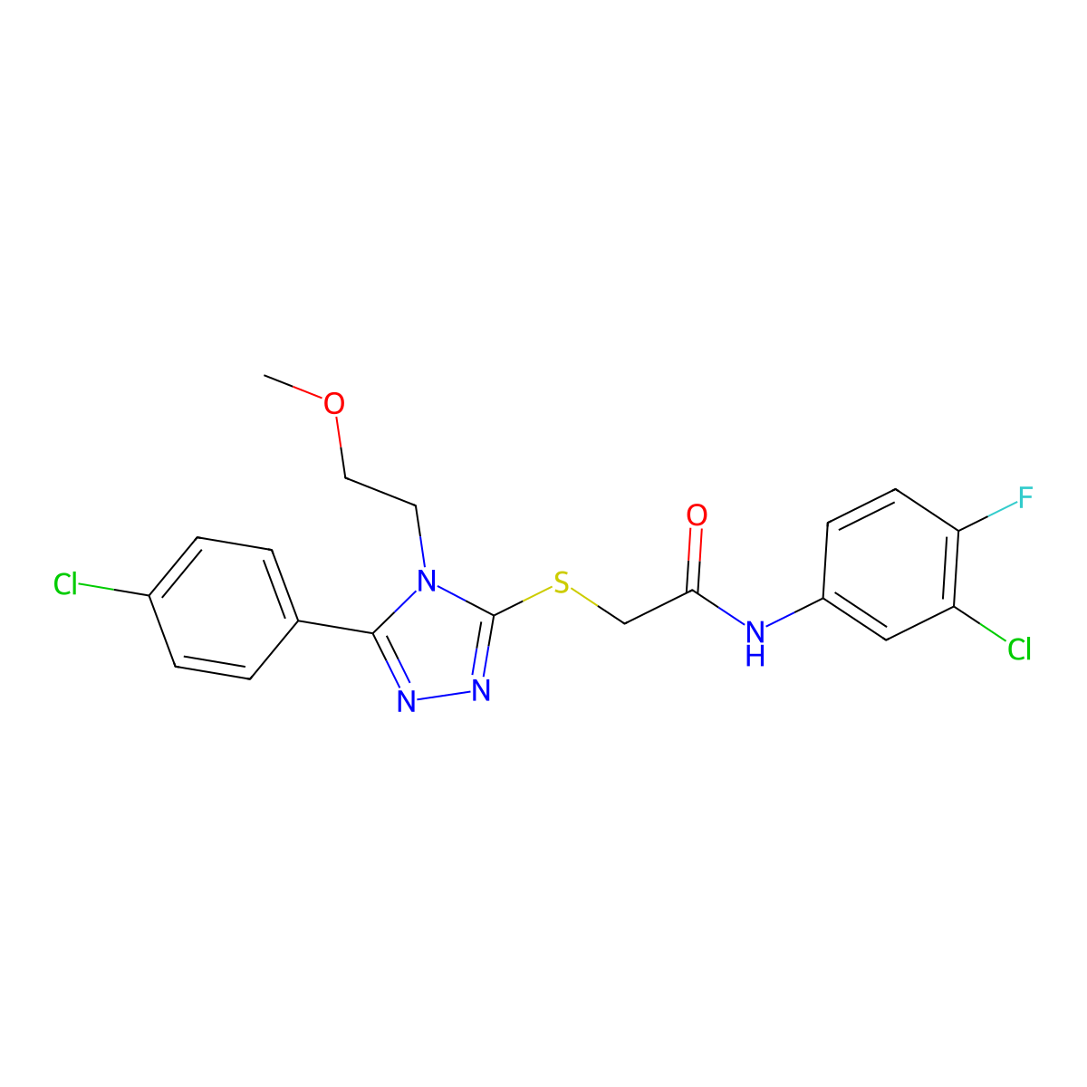N-(3-chloro-4-fluorophenyl)-2-[[5-(4-chlorophenyl)-4-(2-methoxyethyl)-1,2,4-triazol-3-yl]sulfanyl]acetamide molecular structure, CAS 669697-26-1
