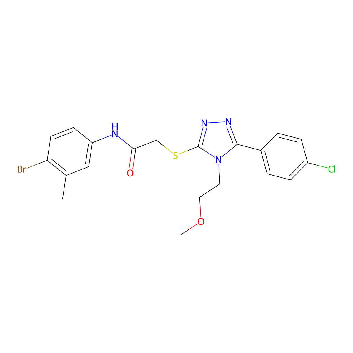 N-(4-bromo-3-methylphenyl)-2-[[5-(4-chlorophenyl)-4-(2-methoxyethyl)-1,2,4-triazol-3-yl]sulfanyl]acetamide molecular structure, CAS 669697-27-2