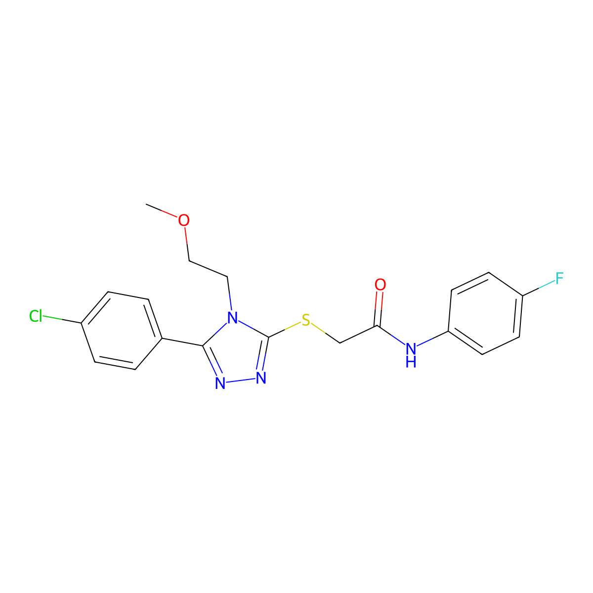 2-[[5-(4-chlorophenyl)-4-(2-methoxyethyl)-1,2,4-triazol-3-yl]sulfanyl]-N-(4-fluorophenyl)acetamide molecular structure, CAS 669697-28-3