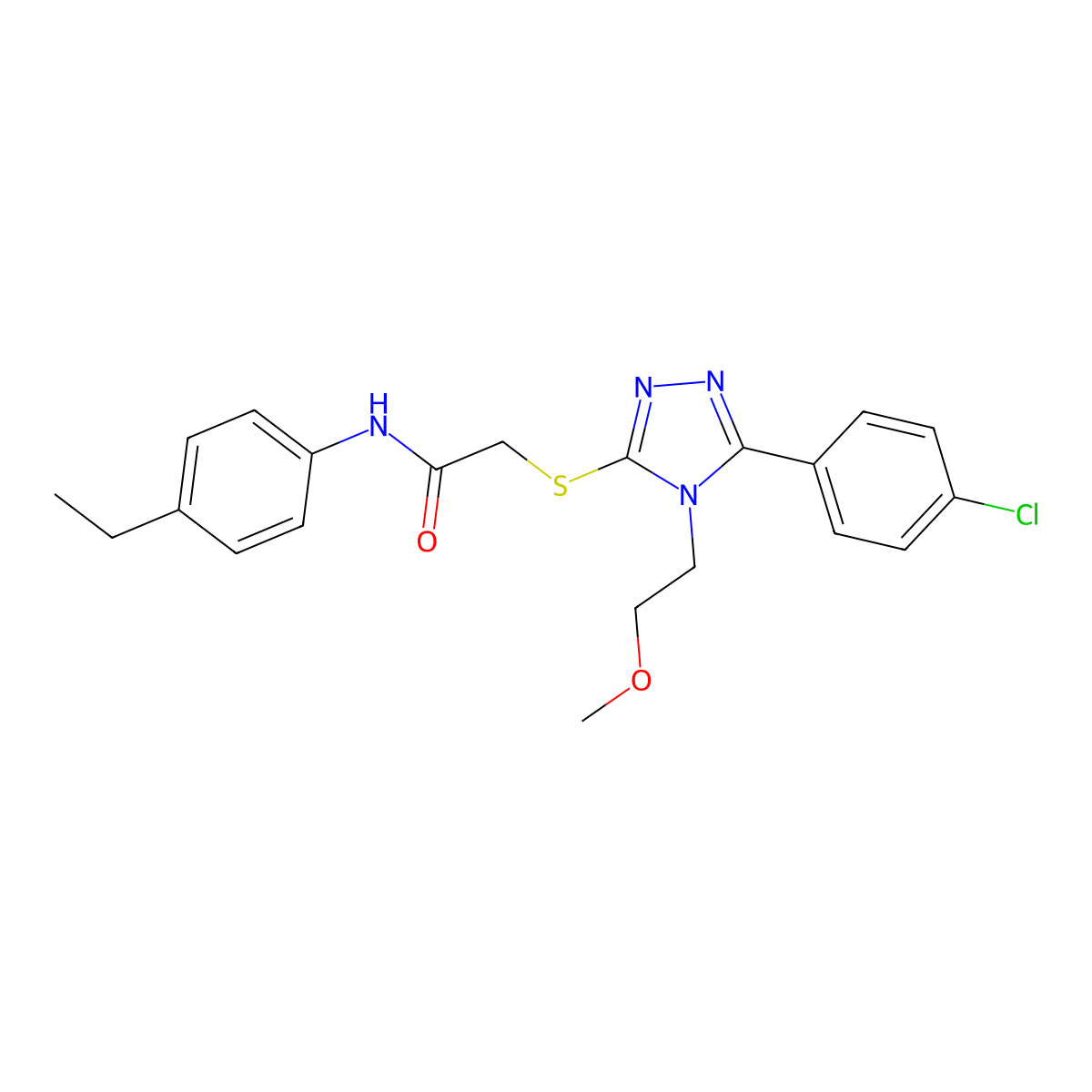 2-[[5-(4-chlorophenyl)-4-(2-methoxyethyl)-1,2,4-triazol-3-yl]sulfanyl]-N-(4-ethylphenyl)acetamide molecular structure, CAS 669697-29-4