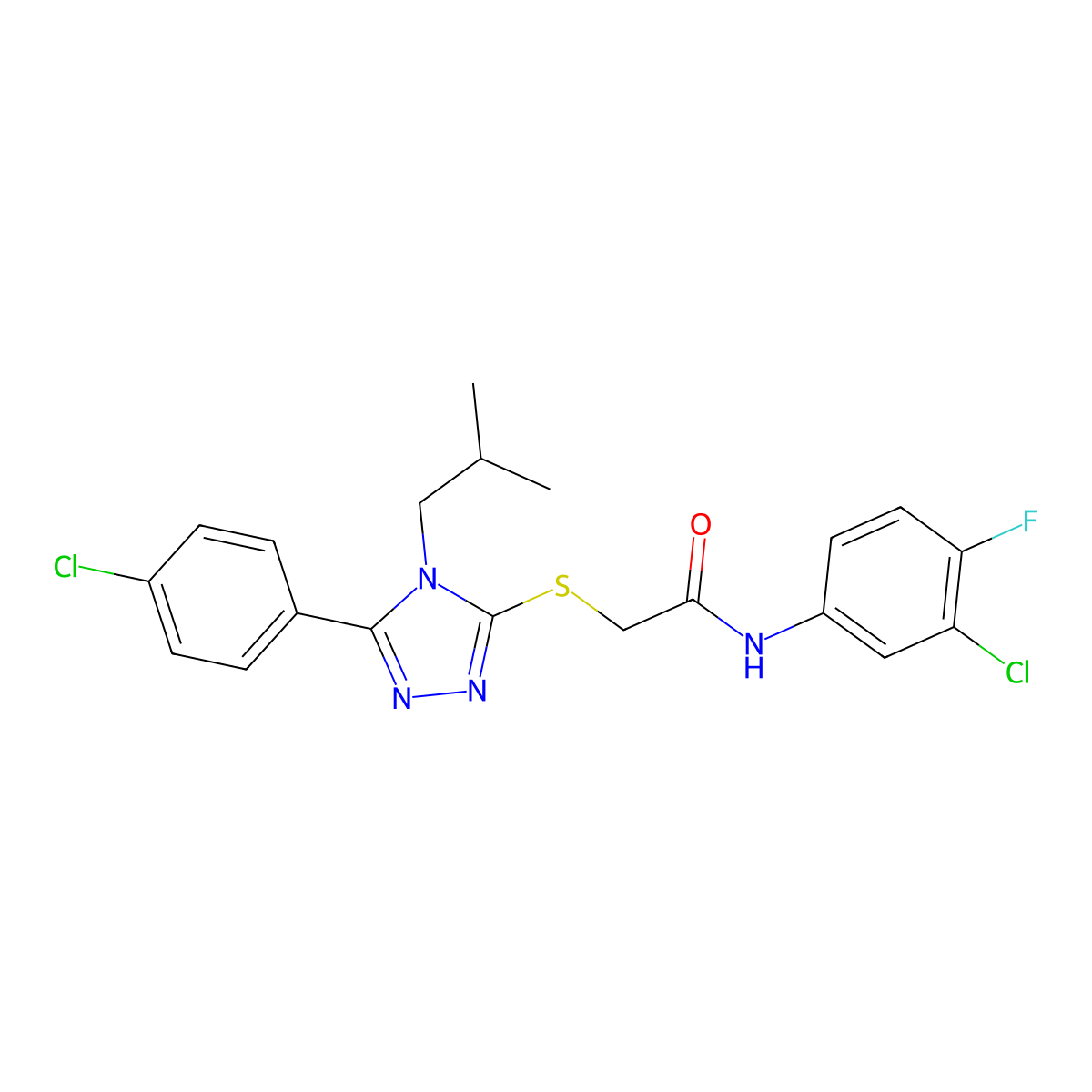 N-(3-chloro-4-fluorophenyl)-2-[[5-(4-chlorophenyl)-4-(2-methylpropyl)-1,2,4-triazol-3-yl]sulfanyl]acetamide molecular structure, CAS 669697-30-7