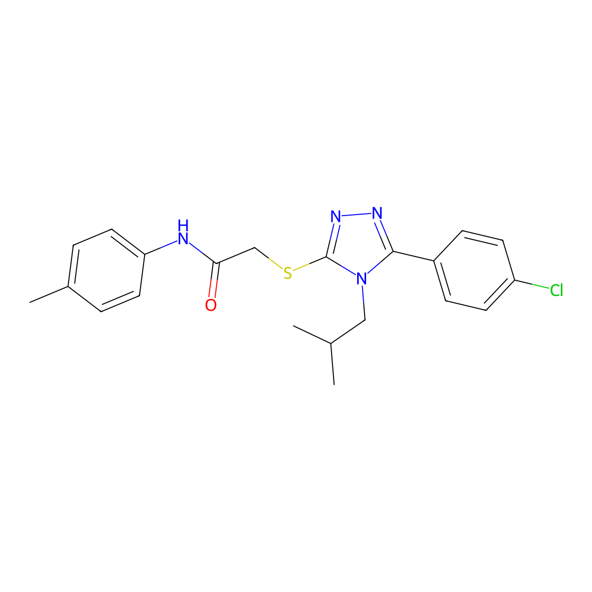 2-[[5-(4-chlorophenyl)-4-(2-methylpropyl)-1,2,4-triazol-3-yl]sulfanyl]-N-(4-methylphenyl)acetamide molecular structure, CAS 669697-31-8