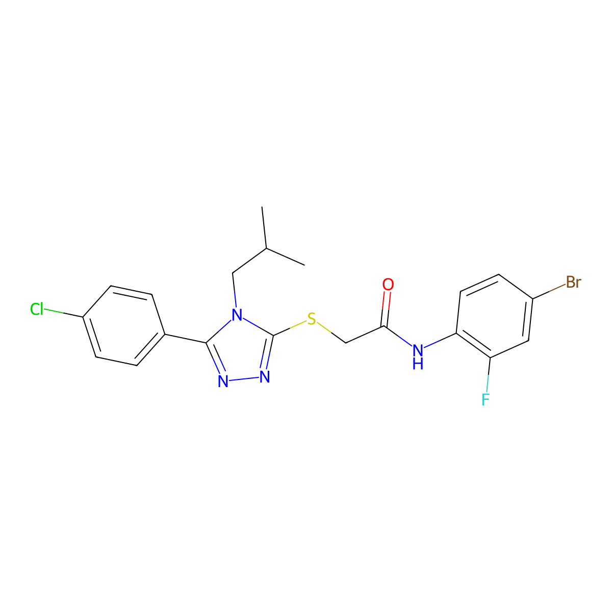 N-(4-bromo-2-fluorophenyl)-2-[[5-(4-chlorophenyl)-4-(2-methylpropyl)-1,2,4-triazol-3-yl]sulfanyl]acetamide molecular structure, CAS 669697-33-0