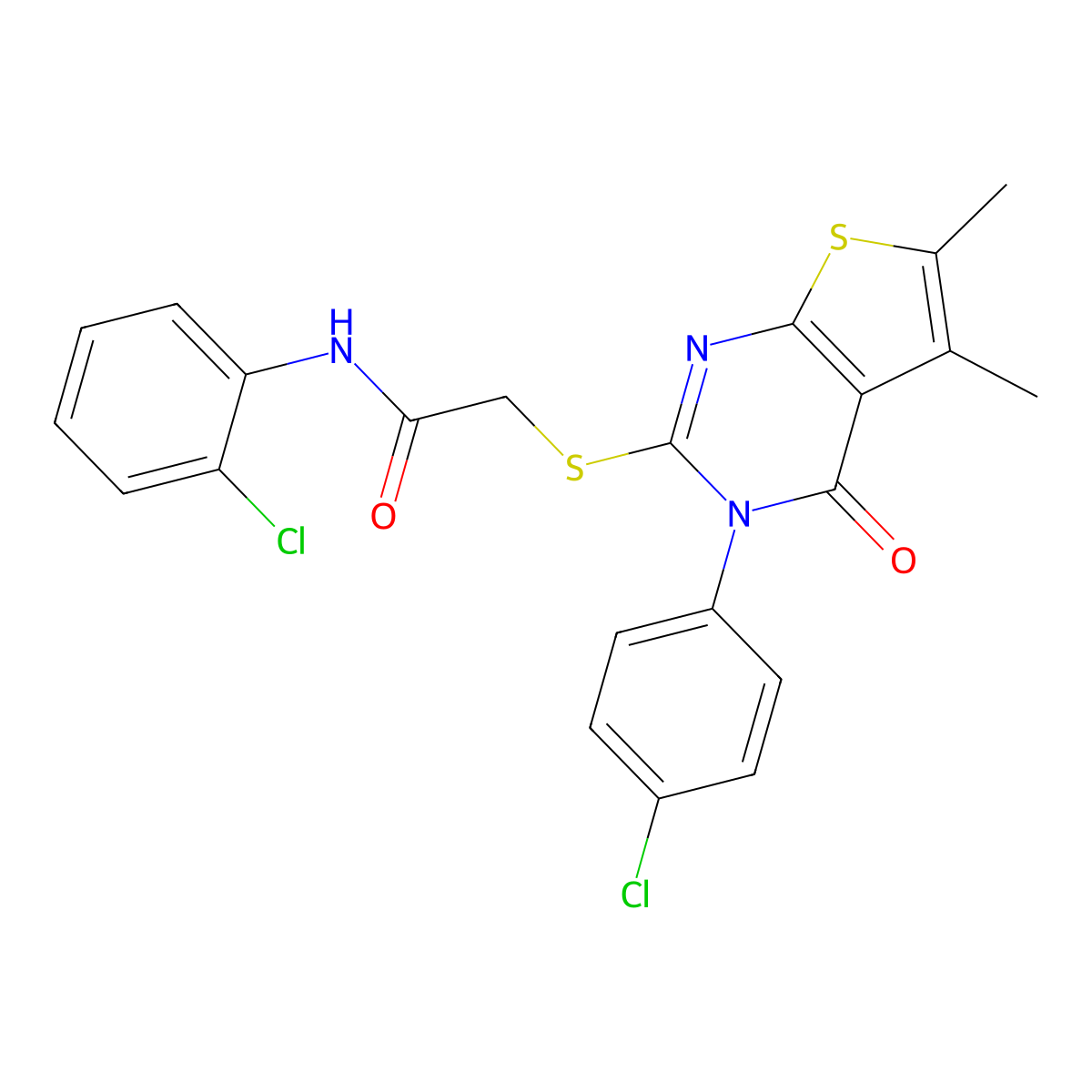 N-(2-chlorophenyl)-2-[3-(4-chlorophenyl)-5,6-dimethyl-4-oxothieno[2,3-d]pyrimidin-2-yl]sulfanylacetamide molecular structure, CAS 669697-34-1