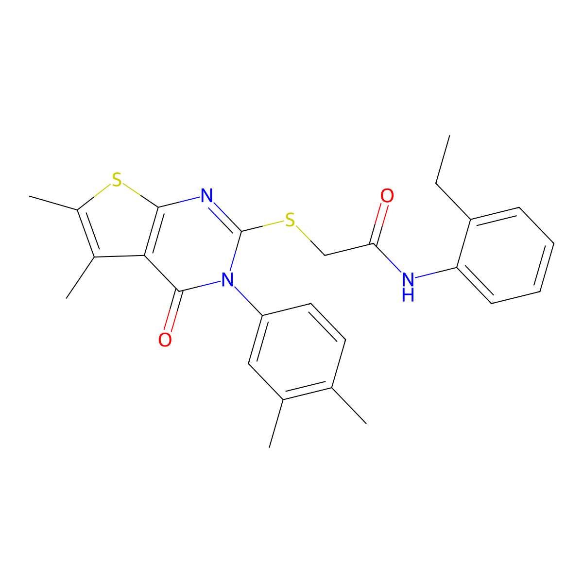2-[3-(3,4-dimethylphenyl)-5,6-dimethyl-4-oxothieno[2,3-d]pyrimidin-2-yl]sulfanyl-N-(2-ethylphenyl)acetamide molecular structure, CAS 669697-35-2
