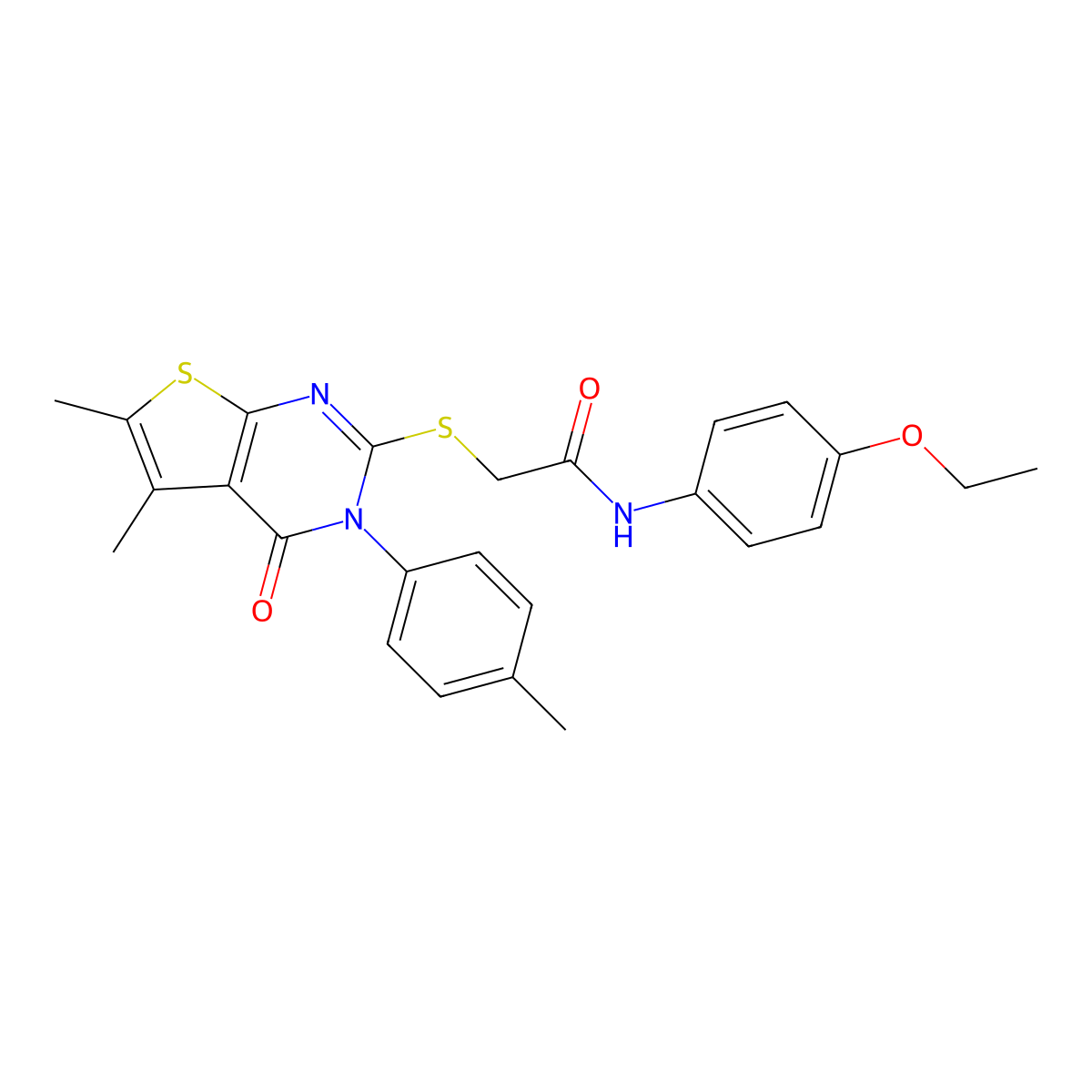2-[5,6-dimethyl-3-(4-methylphenyl)-4-oxothieno[2,3-d]pyrimidin-2-yl]sulfanyl-N-(4-ethoxyphenyl)acetamide molecular structure, CAS 669697-36-3