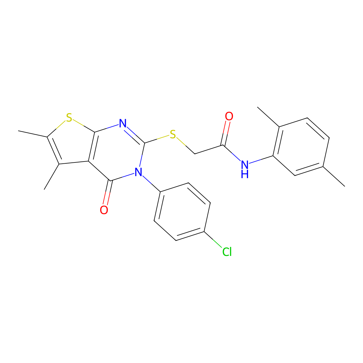 2-[3-(4-chlorophenyl)-5,6-dimethyl-4-oxothieno[2,3-d]pyrimidin-2-yl]sulfanyl-N-(2,5-dimethylphenyl)acetamide molecular structure, CAS 669697-37-4