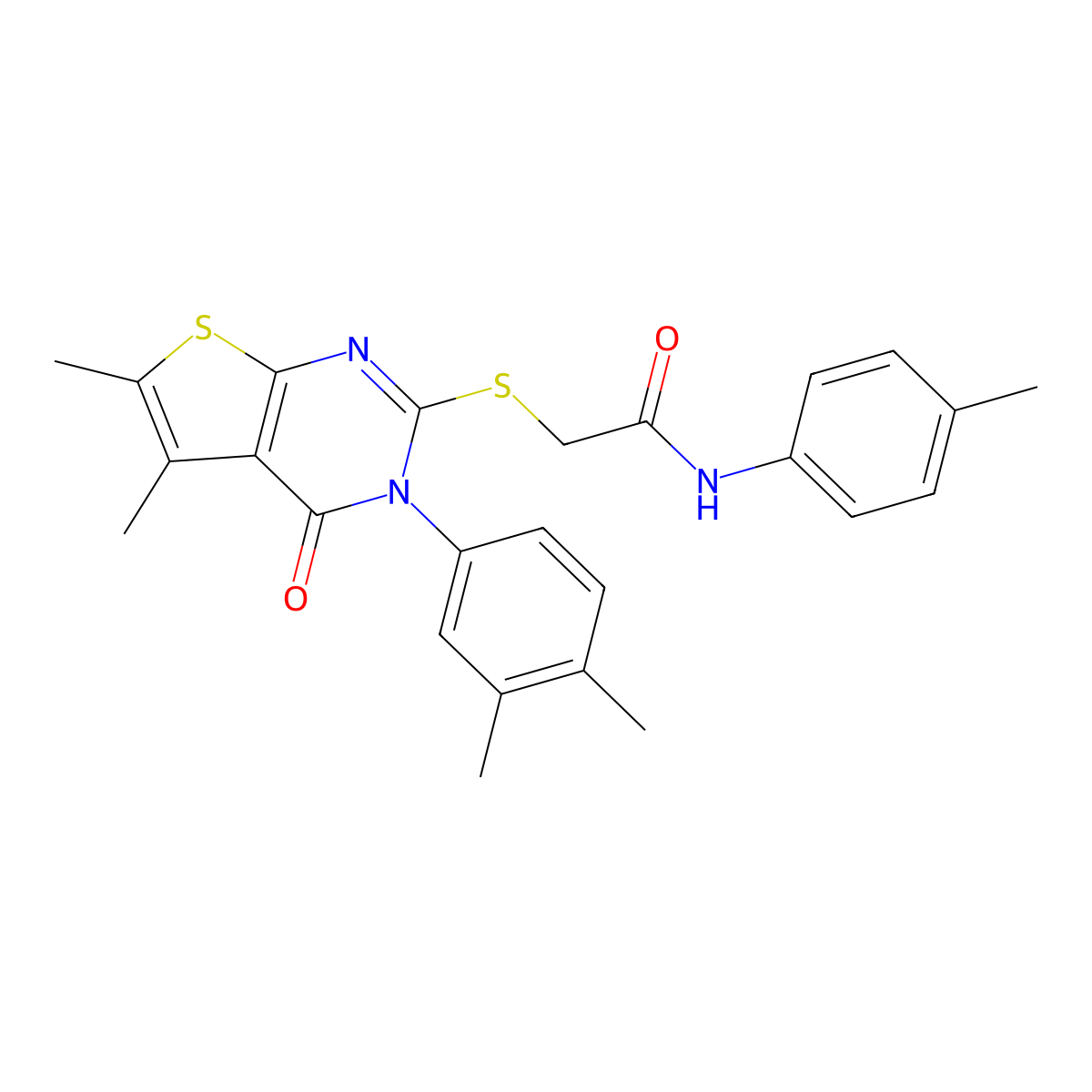 2-[3-(3,4-dimethylphenyl)-5,6-dimethyl-4-oxothieno[2,3-d]pyrimidin-2-yl]sulfanyl-N-(4-methylphenyl)acetamide molecular structure, CAS 669697-38-5