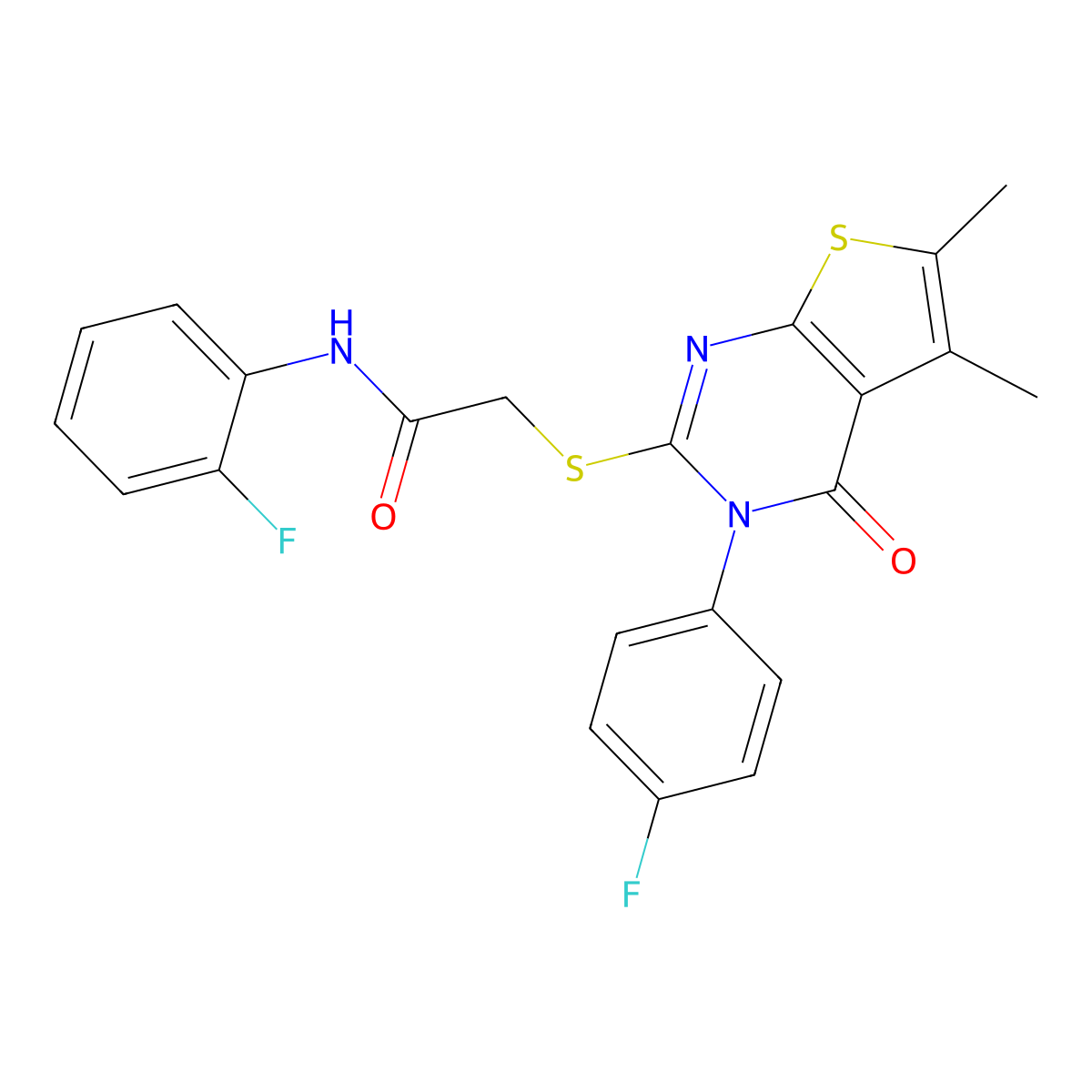 N-(2-fluorophenyl)-2-[3-(4-fluorophenyl)-5,6-dimethyl-4-oxothieno[2,3-d]pyrimidin-2-yl]sulfanylacetamide molecular structure, CAS 669697-39-6