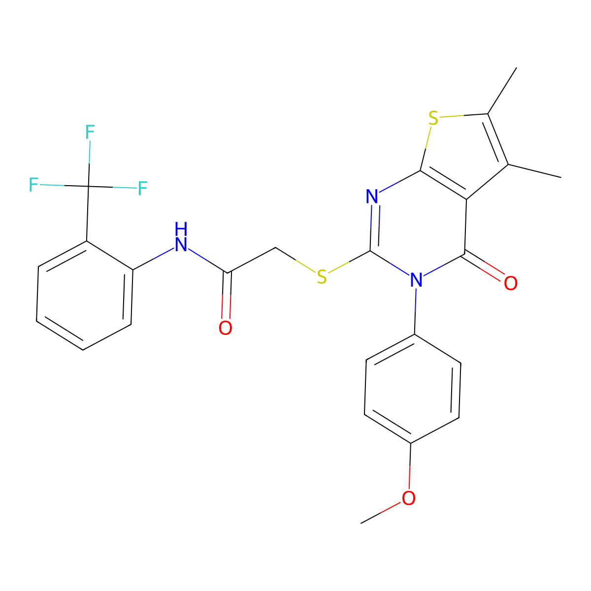 2-[3-(4-methoxyphenyl)-5,6-dimethyl-4-oxothieno[2,3-d]pyrimidin-2-yl]sulfanyl-N-[2-(trifluoromethyl)phenyl]acetamide molecular structure, CAS 669697-40-9
