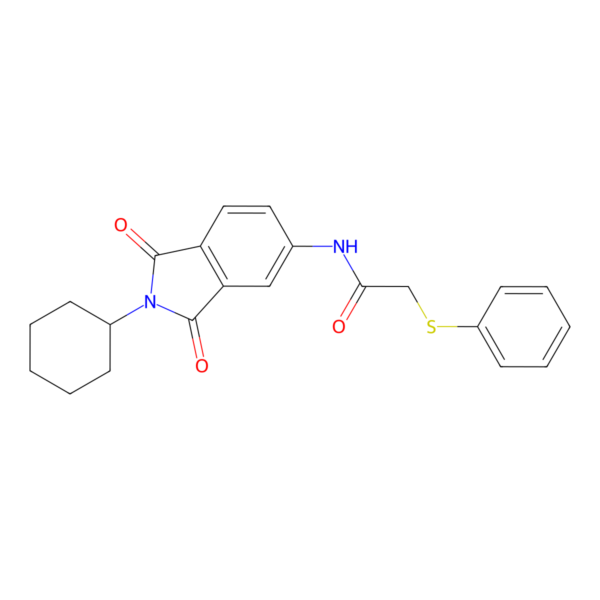 N-(2-cyclohexyl-1,3-dioxoisoindol-5-yl)-2-phenylsulfanylacetamide molecular structure, CAS 669704-04-5