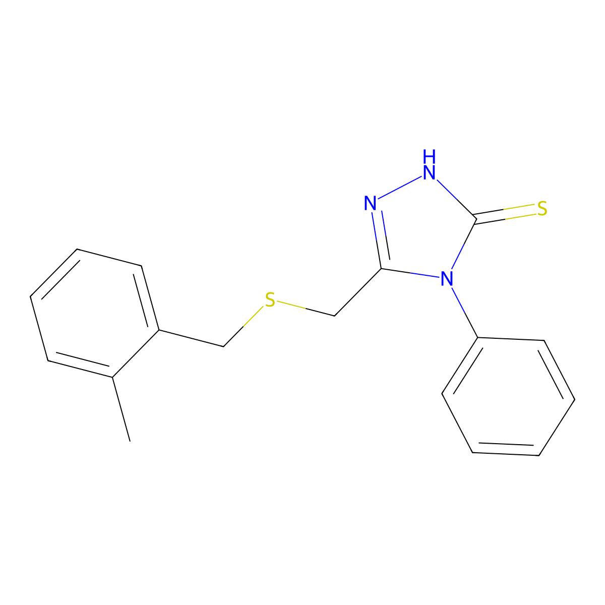 5-{[(2-Methylphenyl)methylthio]methyl}-4-phenyl-1,2,4-triazole-3-thiol molecular structure, CAS 669710-02-5