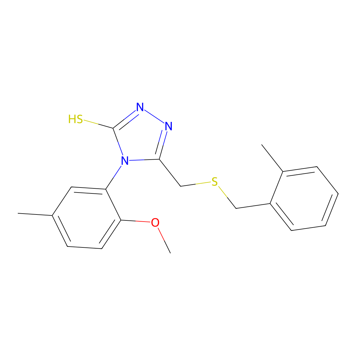 4-(2-methoxy-5-methylphenyl)-5-{[(2-methylbenzyl)sulfanyl]methyl}-4H-1,2,4-triazole-3-thiol molecular structure, CAS 669710-25-2