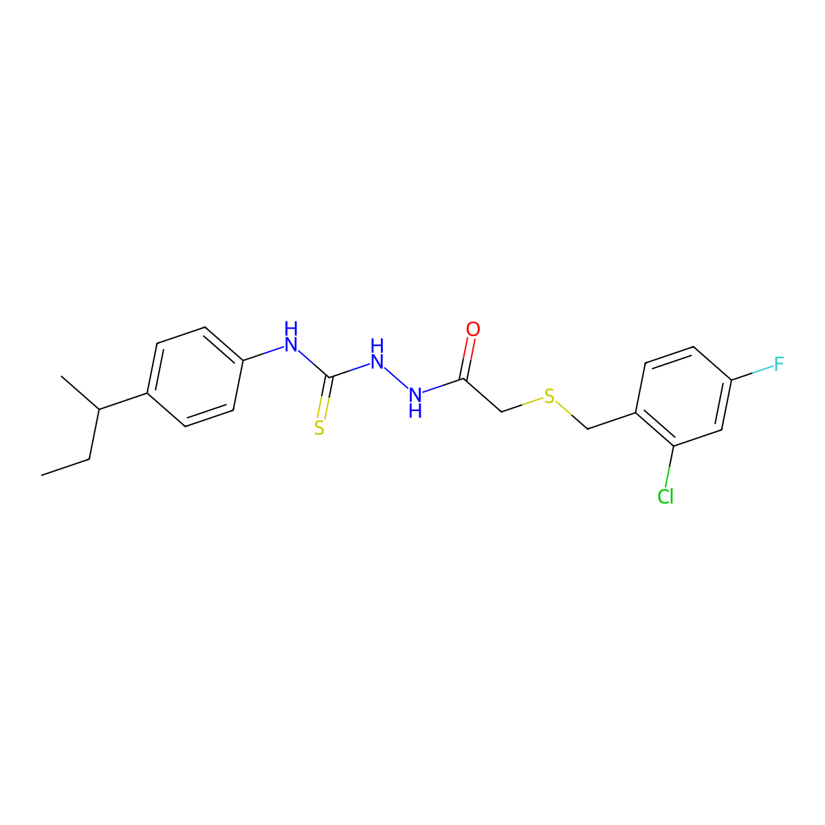 N-[4-(butan-2-yl)phenyl]-2-{[(2-chloro-4-fluorobenzyl)sulfanyl]acetyl}hydrazinecarbothioamide molecular structure, CAS 669710-41-2