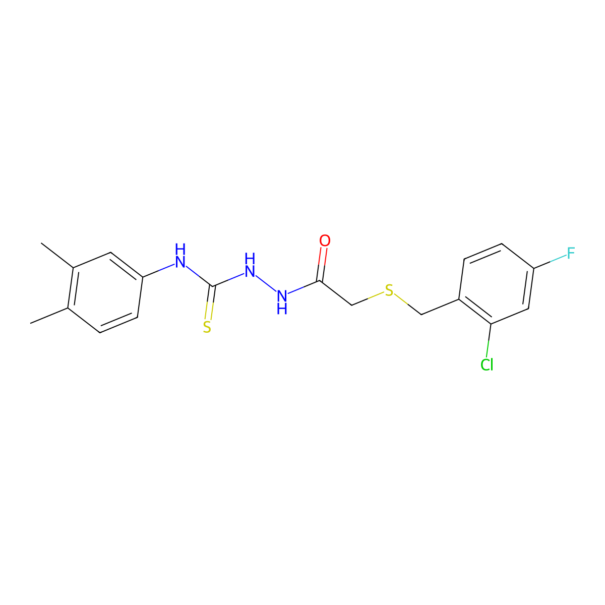 2-{[(2-chloro-4-fluorobenzyl)sulfanyl]acetyl}-N-(3,4-dimethylphenyl)hydrazinecarbothioamide molecular structure, CAS 669710-45-6