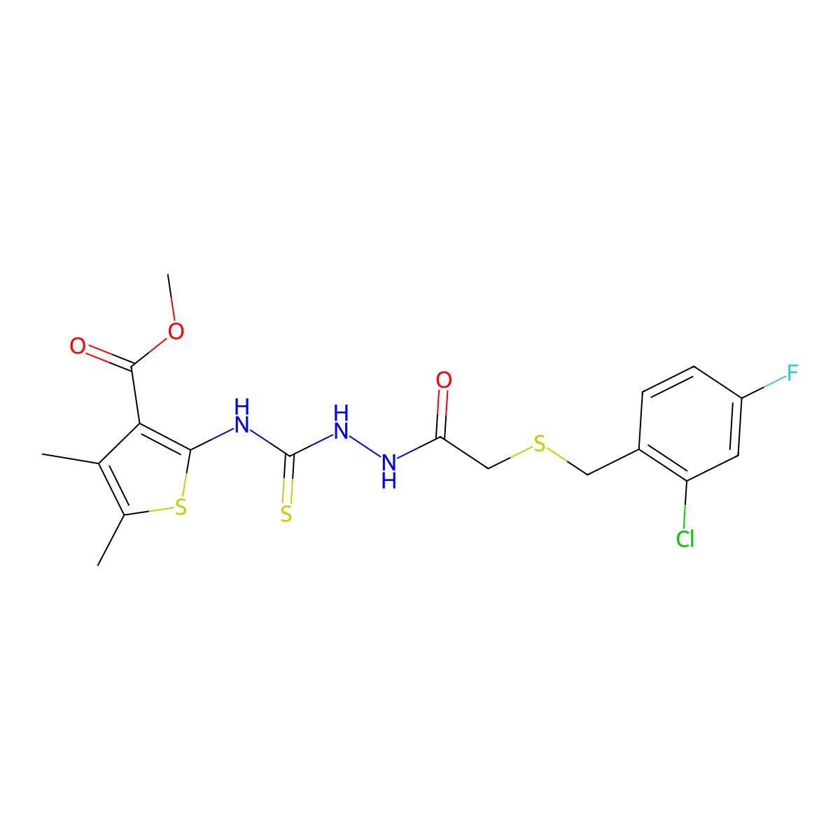 Methyl 2-{[(2-{[(2-chloro-4-fluorobenzyl)sulfanyl]acetyl}hydrazinyl)carbonothioyl]amino}-4,5-dimethylthiophene-3-carboxylate molecular structure, CAS 669710-54-7