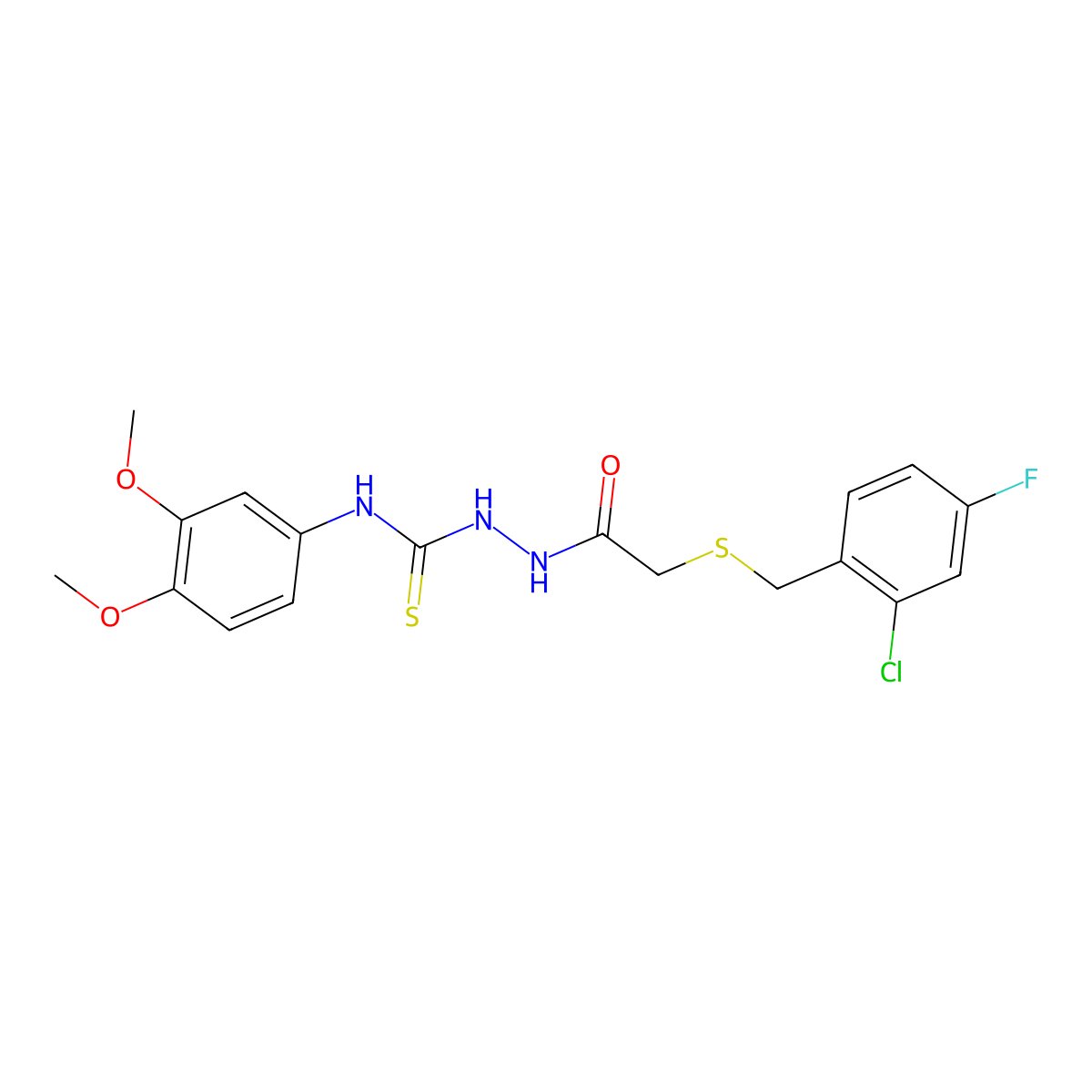 2-{[(2-chloro-4-fluorobenzyl)sulfanyl]acetyl}-N-(3,4-dimethoxyphenyl)hydrazinecarbothioamide molecular structure, CAS 669710-61-6