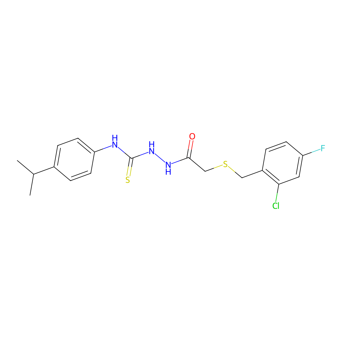 2-{[(2-chloro-4-fluorobenzyl)sulfanyl]acetyl}-N-[4-(propan-2-yl)phenyl]hydrazinecarbothioamide molecular structure, CAS 669710-65-0