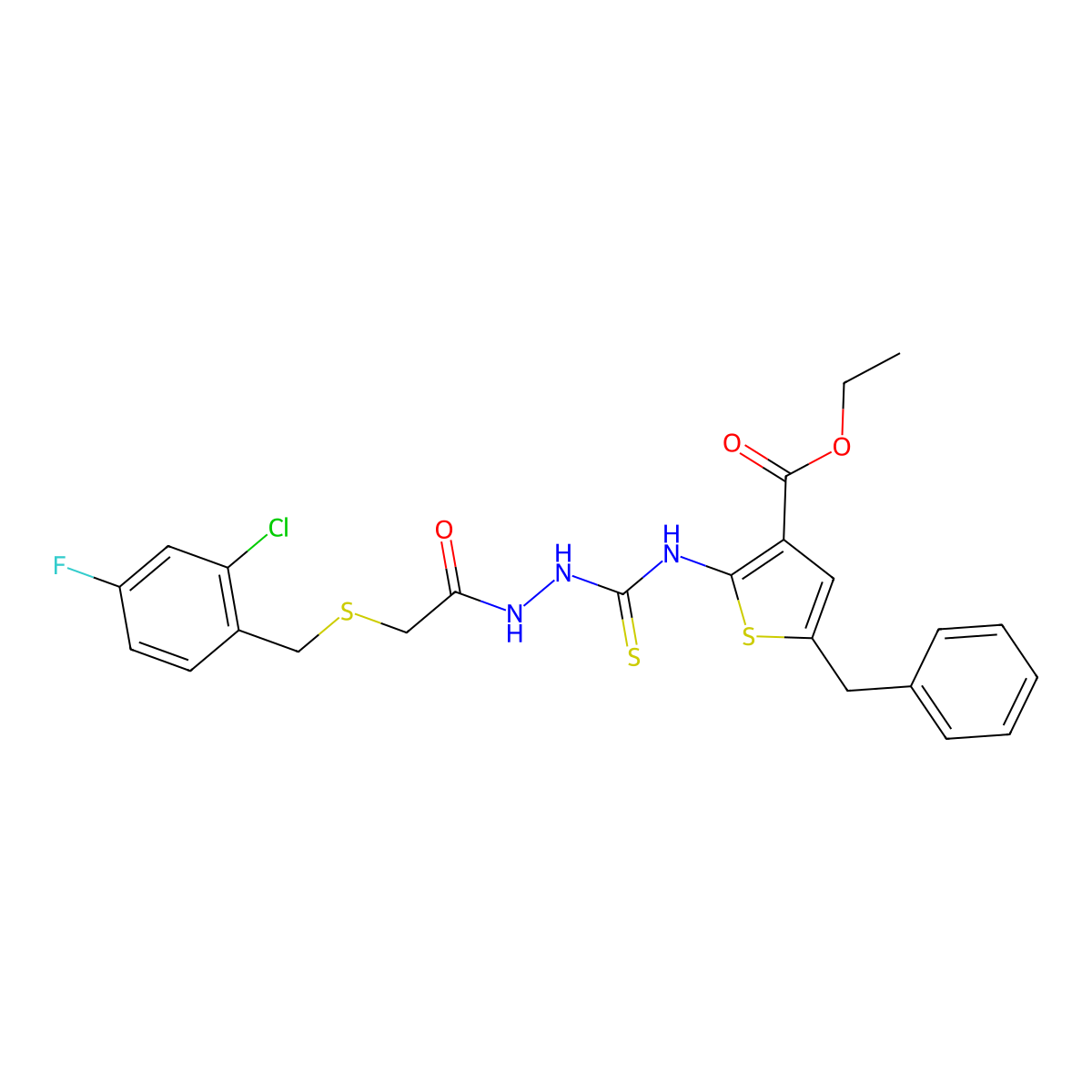 Ethyl 5-benzyl-2-{[(2-{[(2-chloro-4-fluorobenzyl)sulfanyl]acetyl}hydrazinyl)carbonothioyl]amino}thiophene-3-carboxylate molecular structure, CAS 669710-70-7
