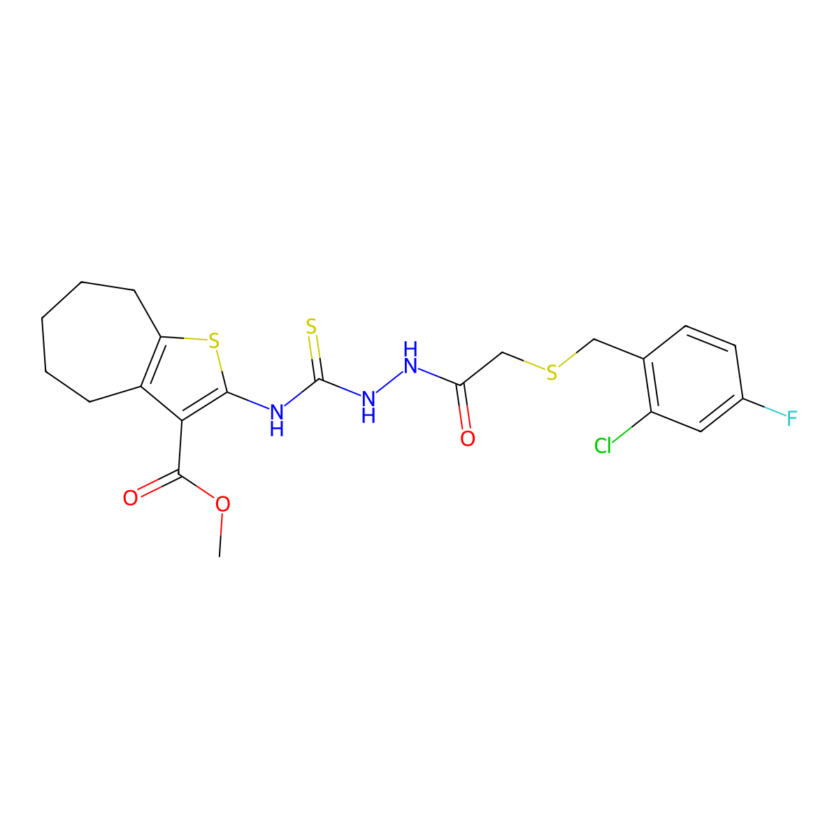 methyl 2-{[(2-{[(2-chloro-4-fluorobenzyl)sulfanyl]acetyl}hydrazinyl)carbonothioyl]amino}-5,6,7,8-tetrahydro-4H-cyclohepta[b]thiophene-3-carboxylate molecular structure, CAS 669710-73-0