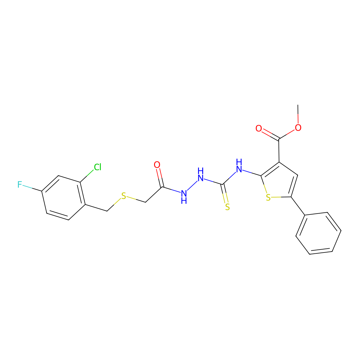 Methyl 2-{[(2-{[(2-chloro-4-fluorobenzyl)sulfanyl]acetyl}hydrazinyl)carbonothioyl]amino}-5-phenylthiophene-3-carboxylate molecular structure, CAS 669710-76-3
